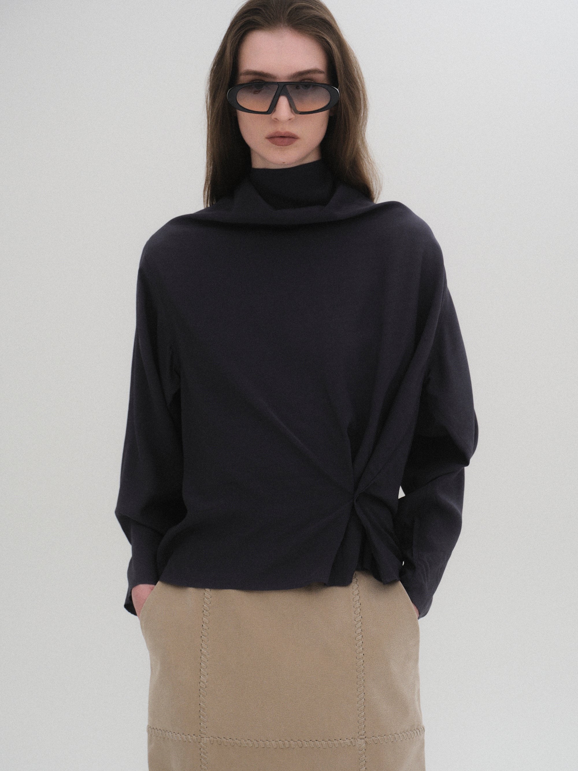 Cowl-Neck Drape Blouse, Charcoal