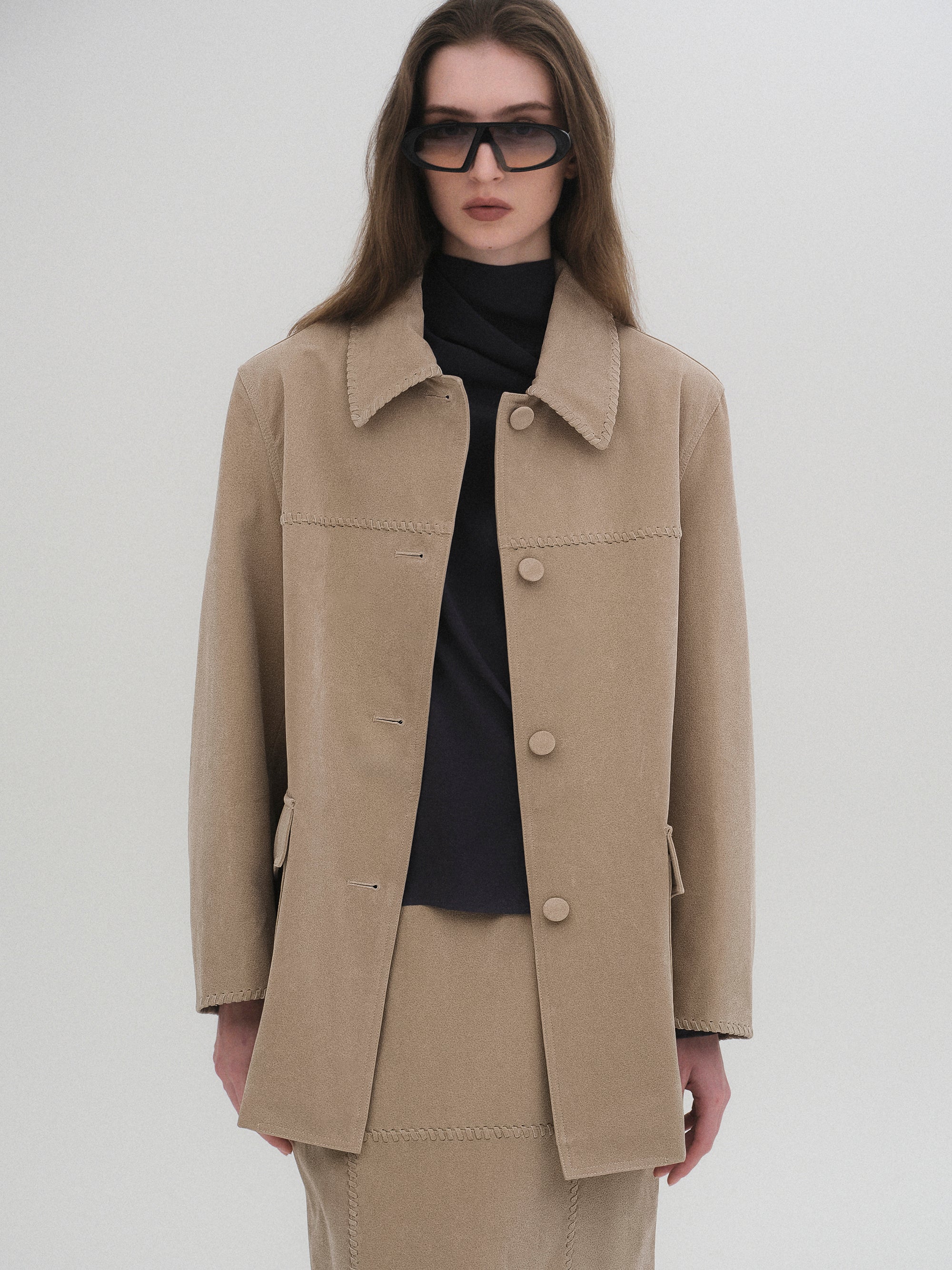 Suede Effect Single Jacket, Nude