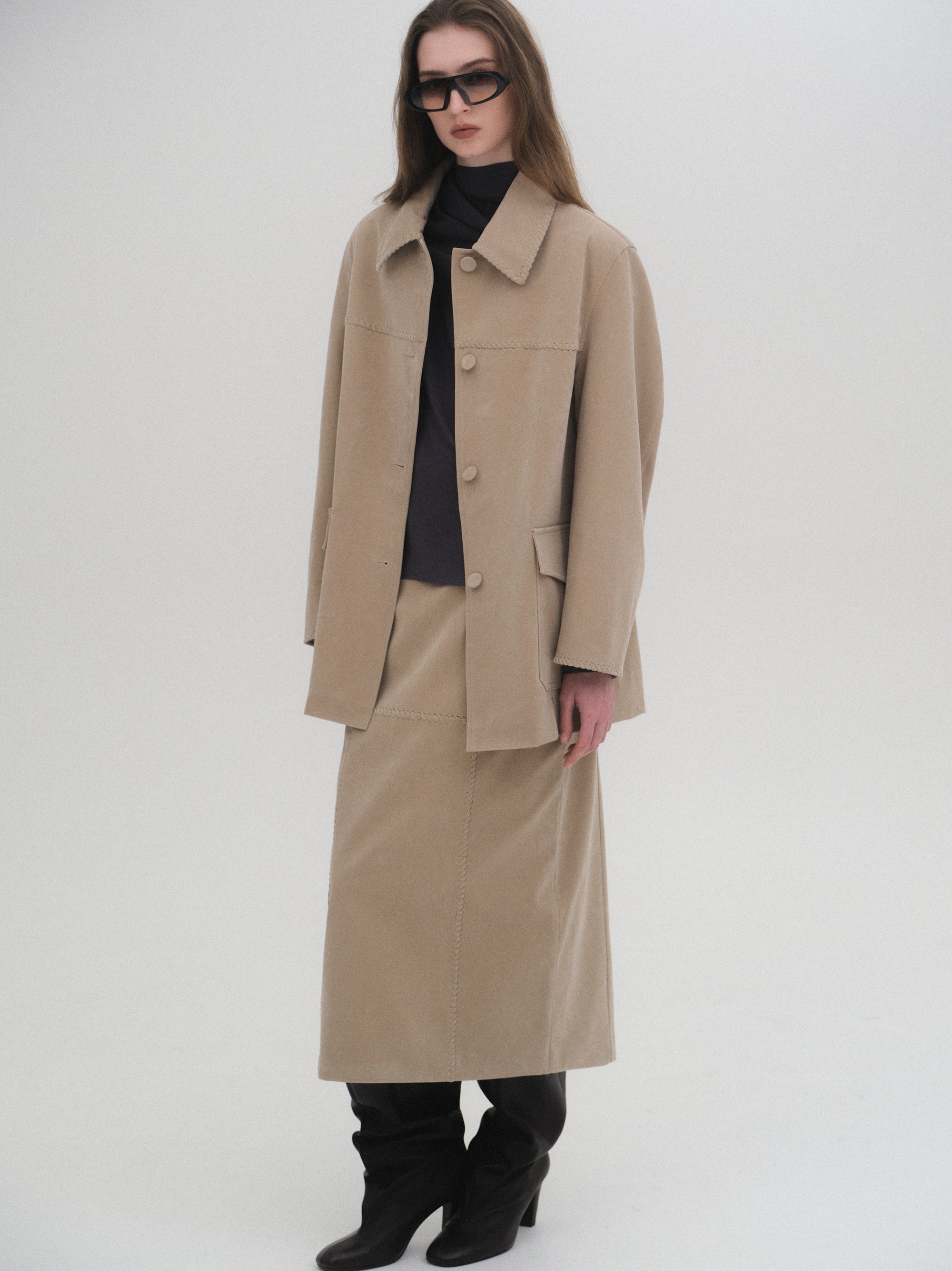 Suede Effect Single Jacket, Nude