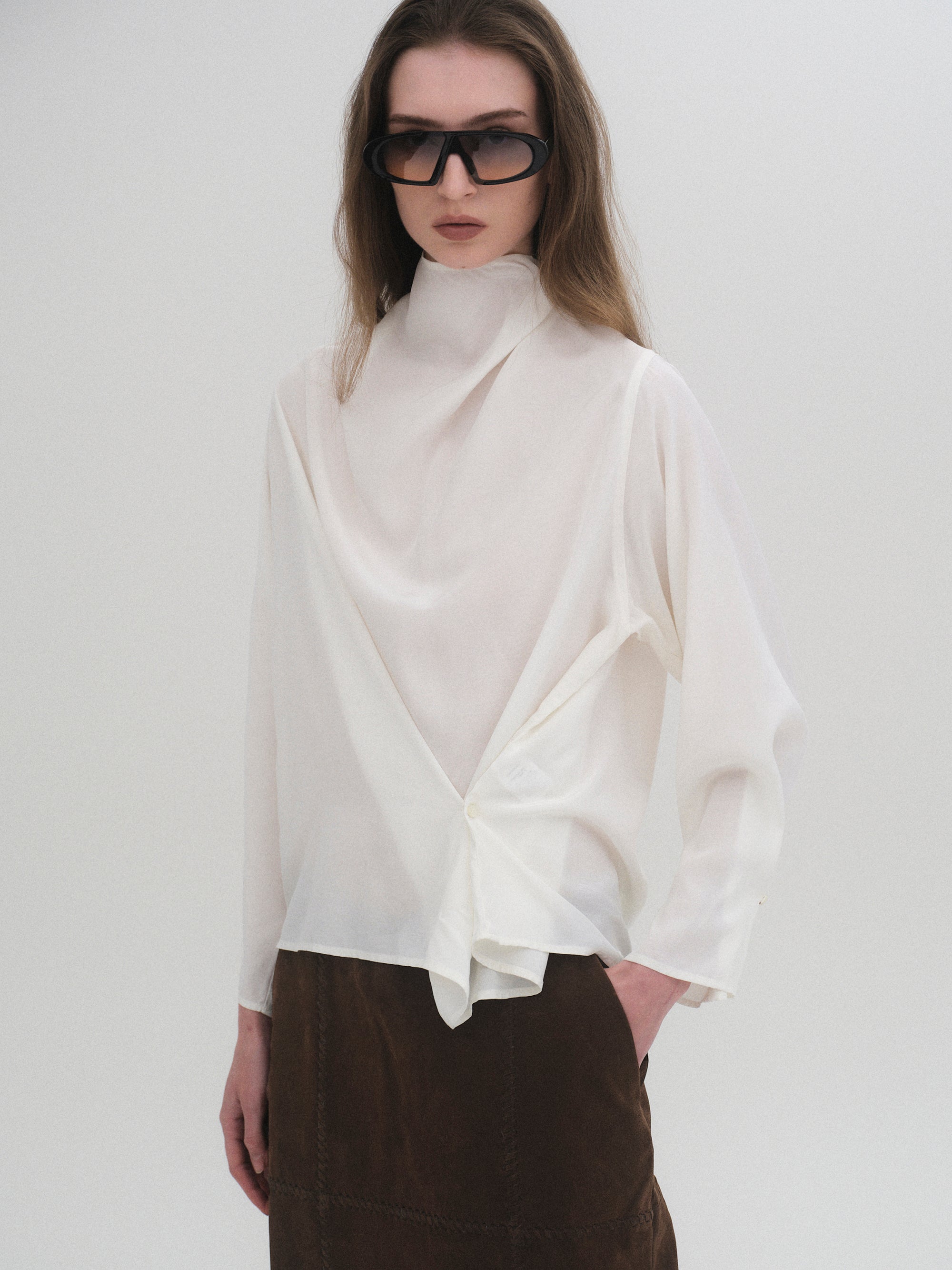 Cowl-Neck Drape Blouse, White