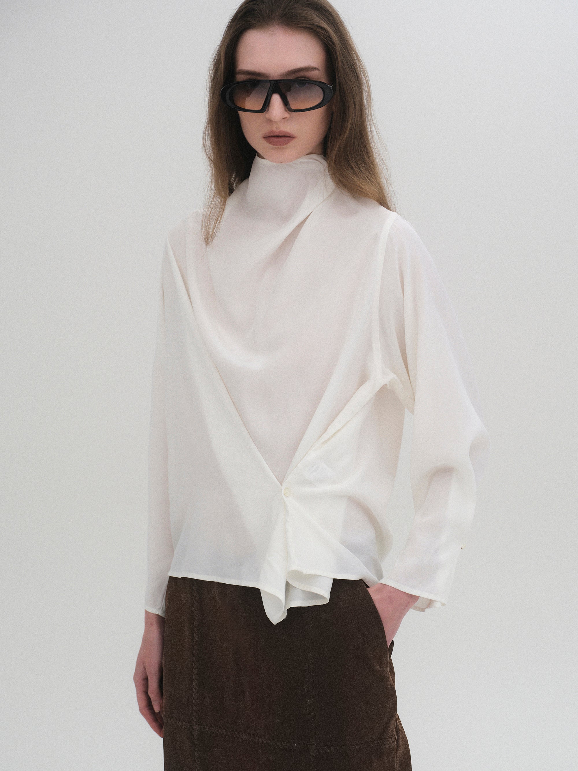 Cowl-Neck Drape Blouse, White
