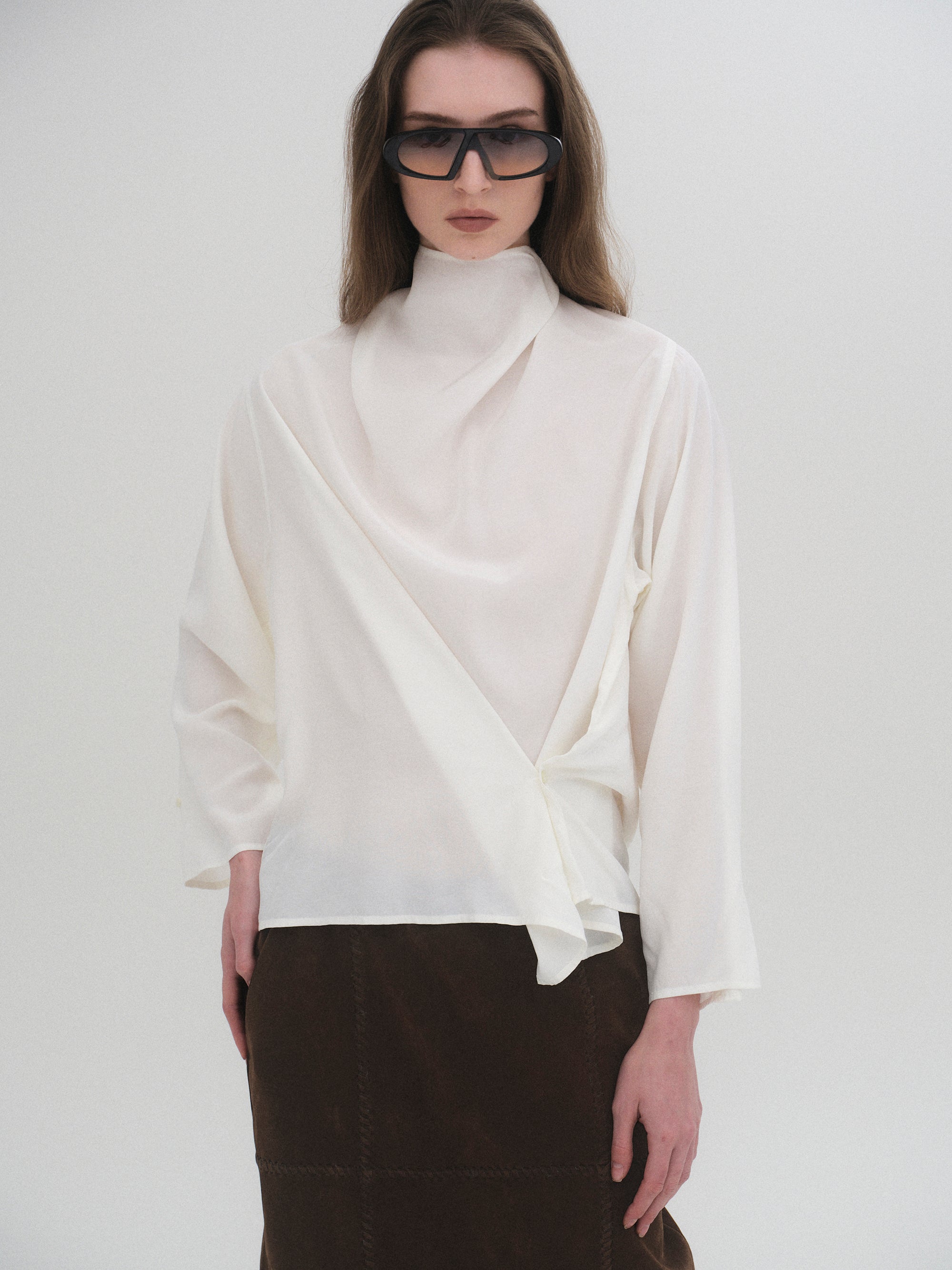 Cowl-Neck Drape Blouse, White