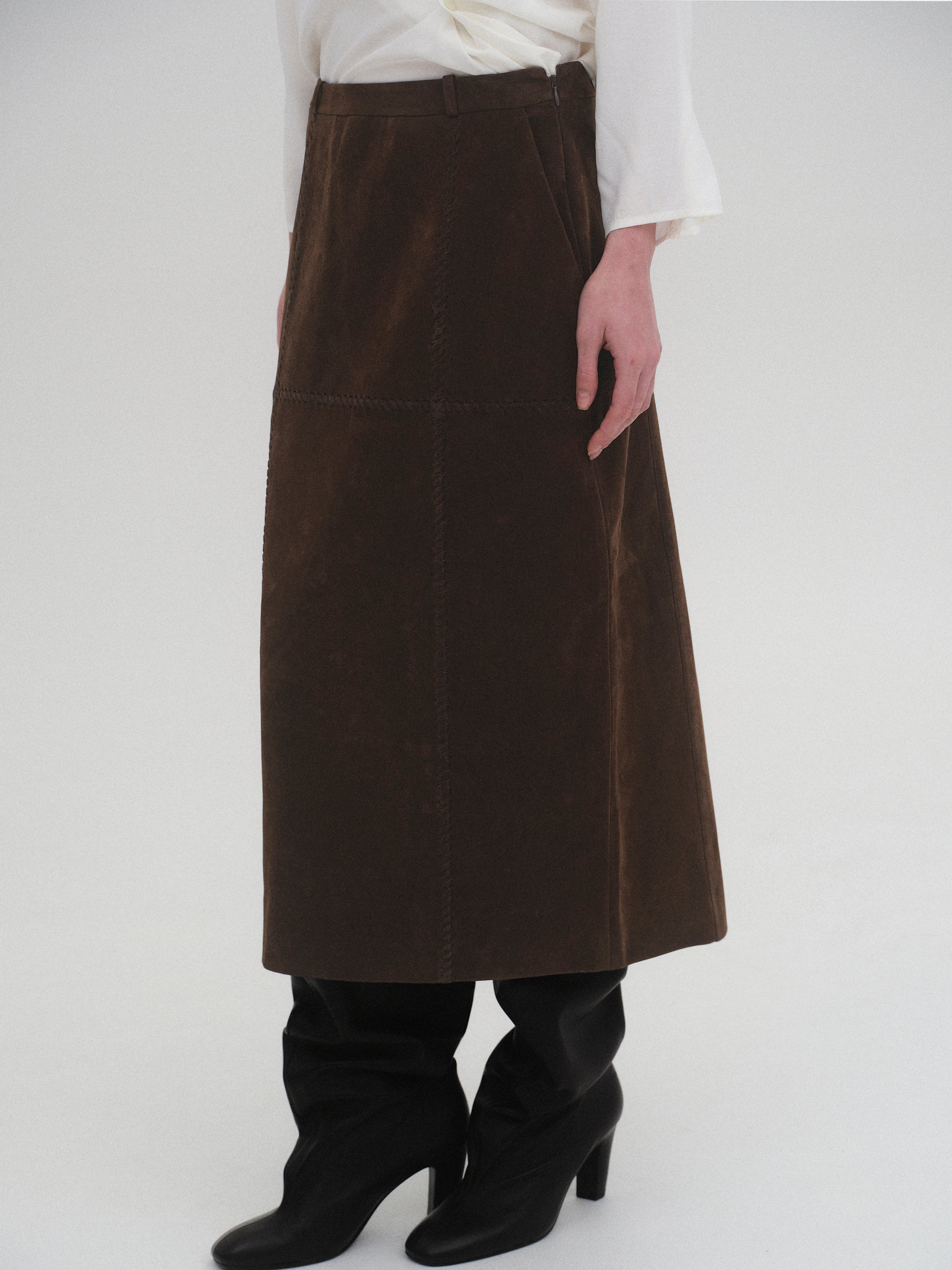 Suede Effect Midi Skirt, Brown