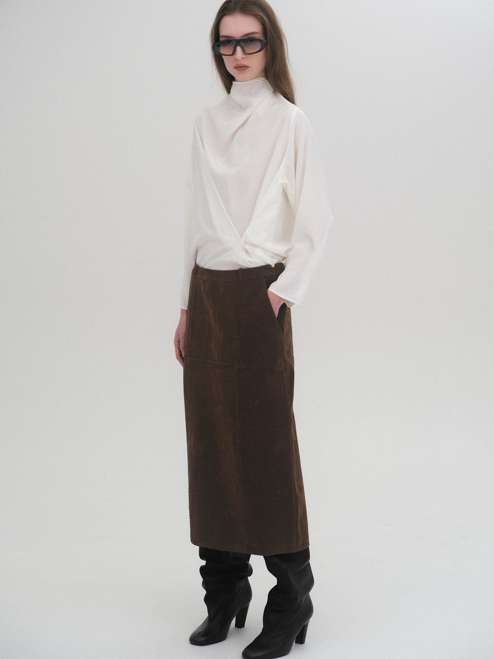Suede Effect Midi Skirt, Brown