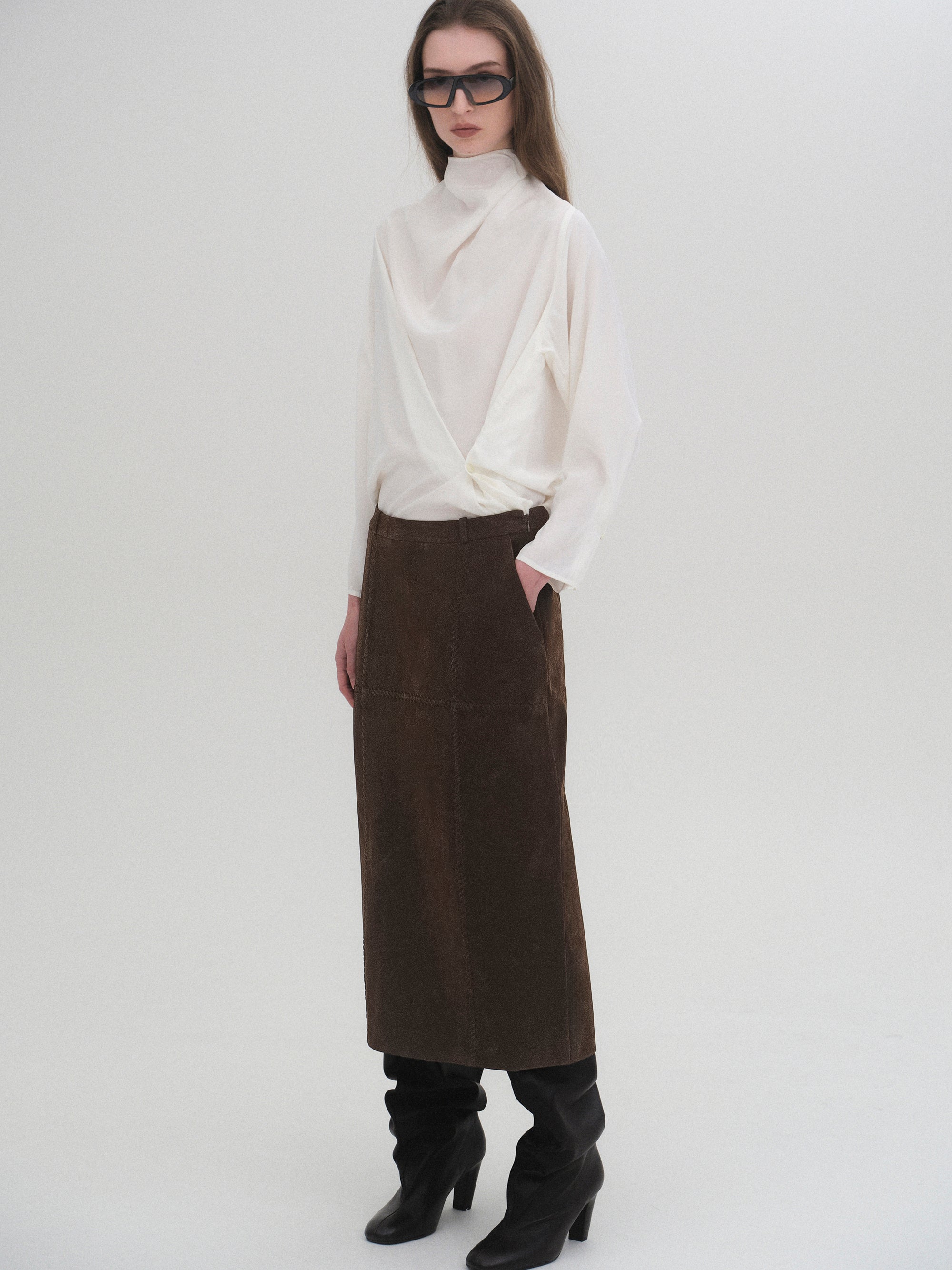 Suede Effect Midi Skirt, Brown