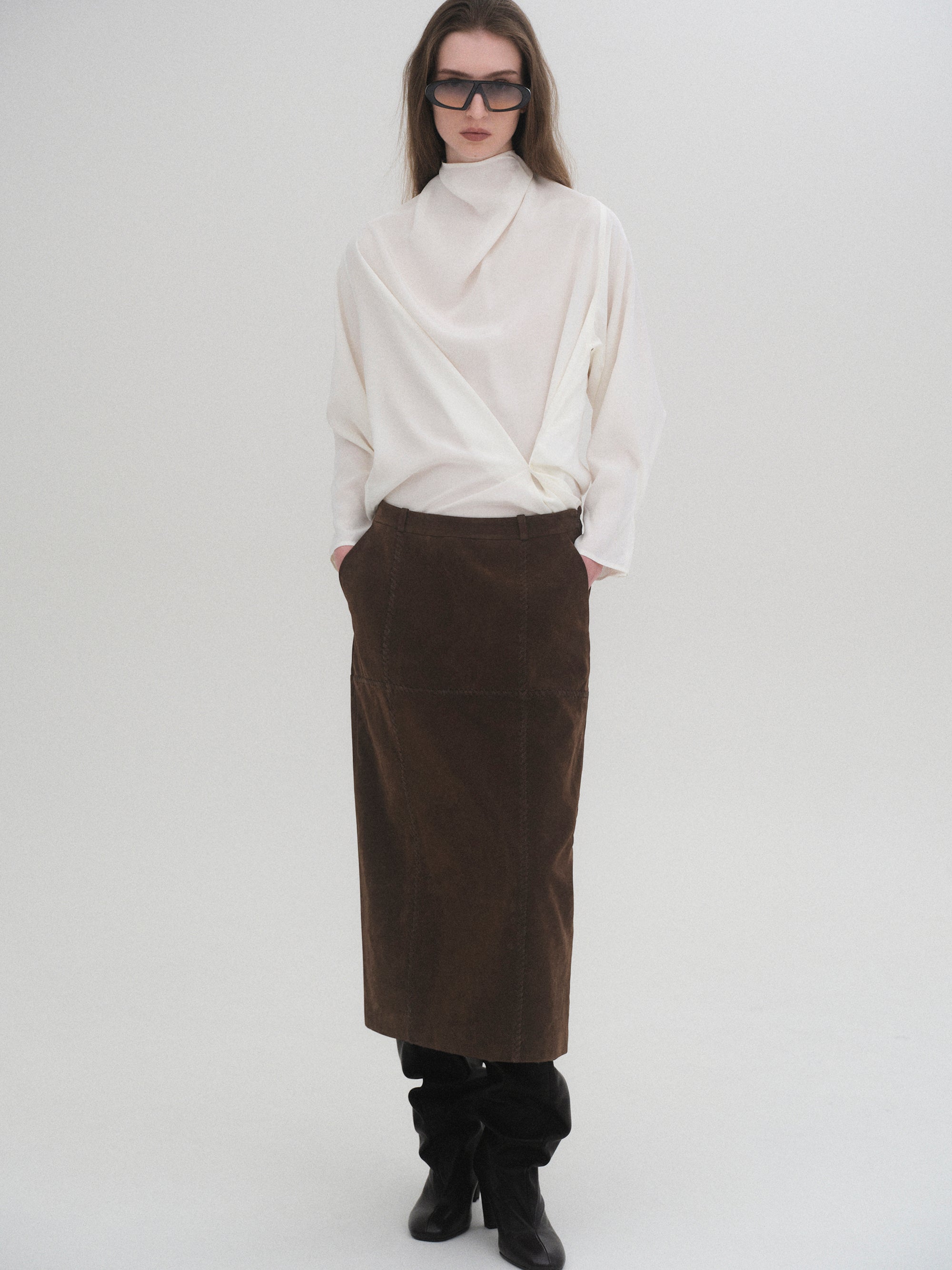 Suede Effect Midi Skirt, Brown