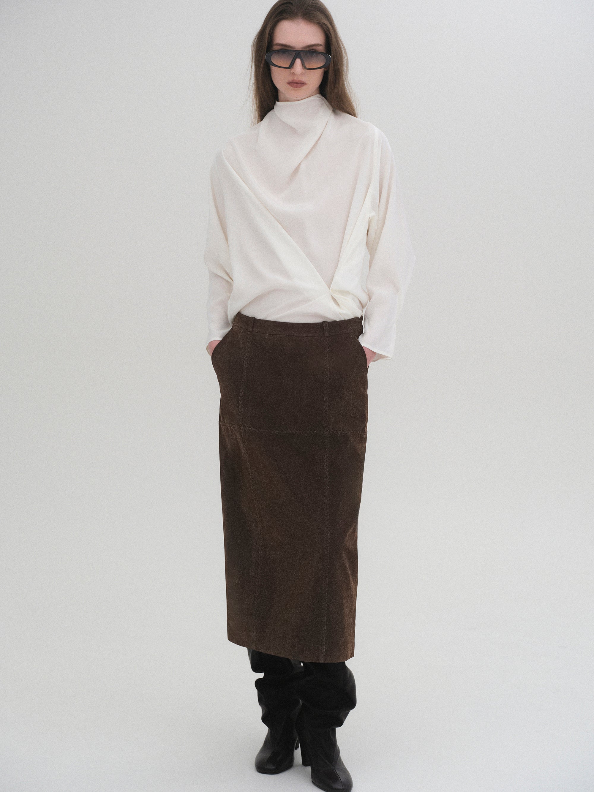 Suede Effect Midi Skirt, Brown