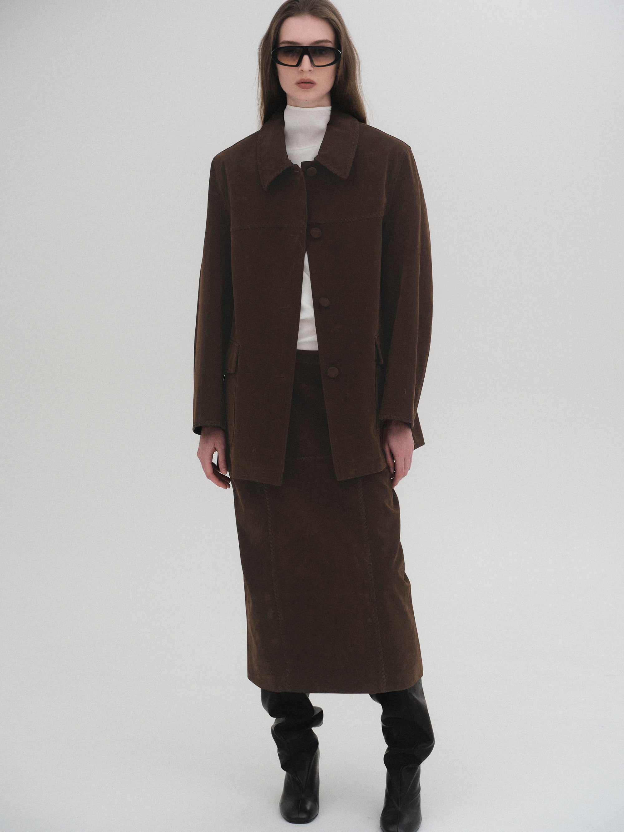 Suede Effect Single Jacket, Brown