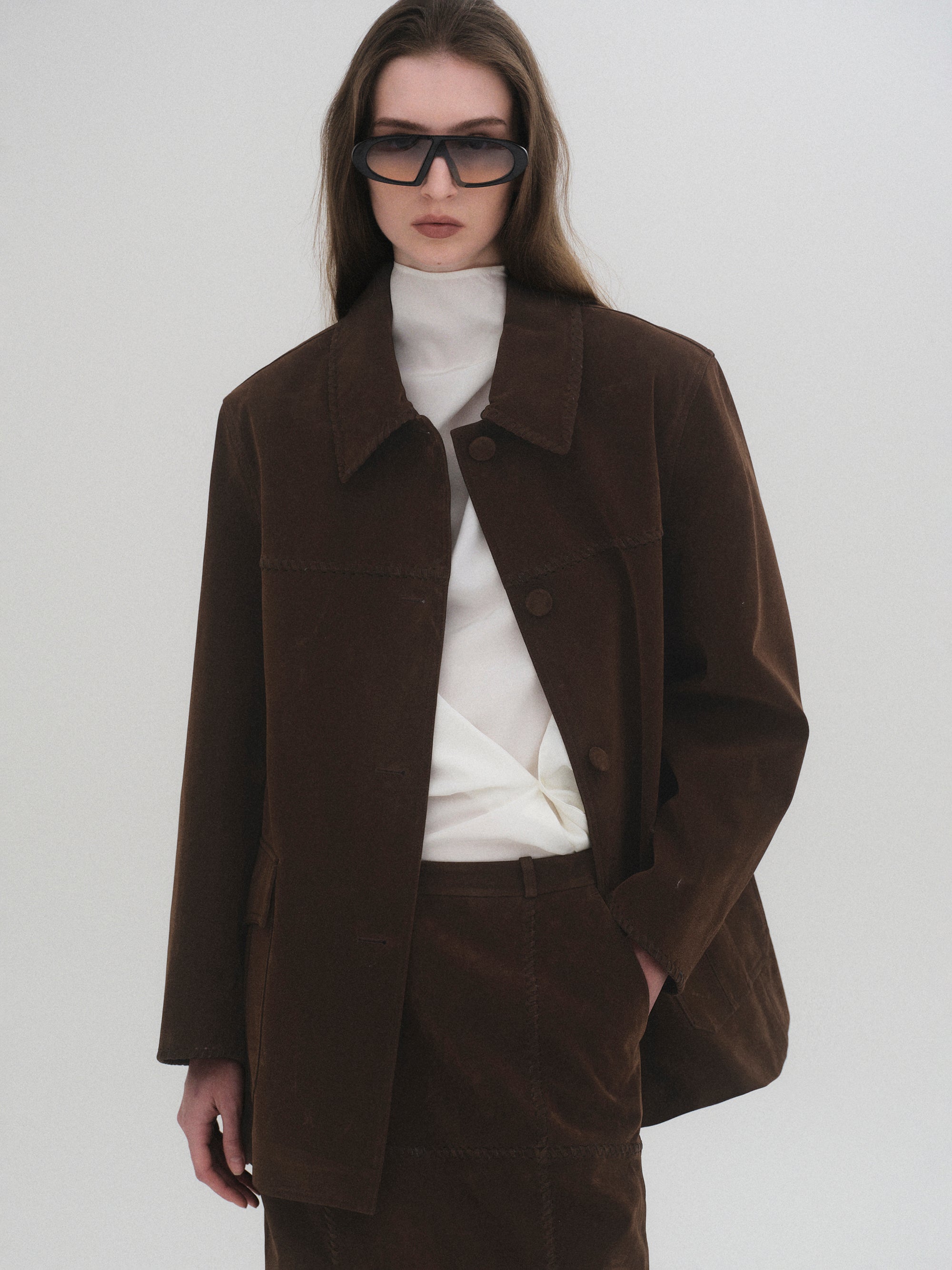 Suede Effect Single Jacket, Brown