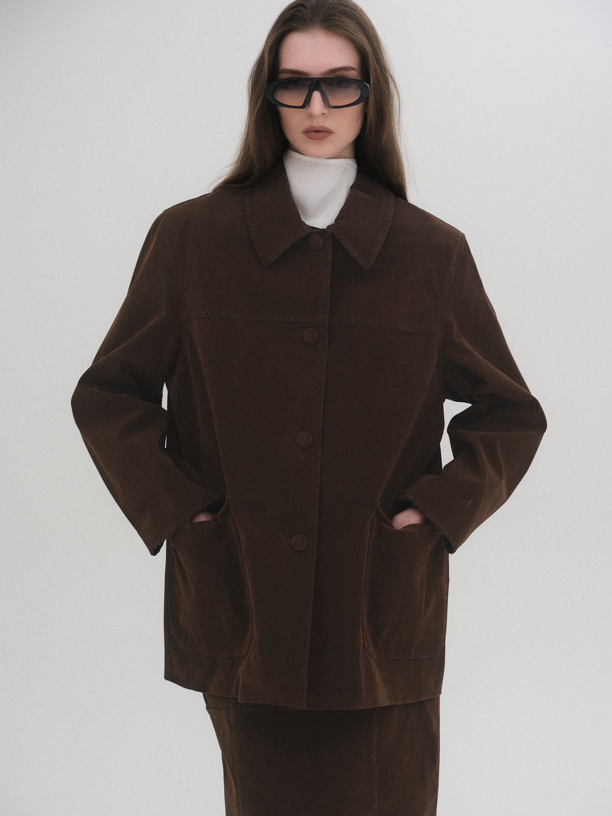 Suede Effect Single Jacket, Brown