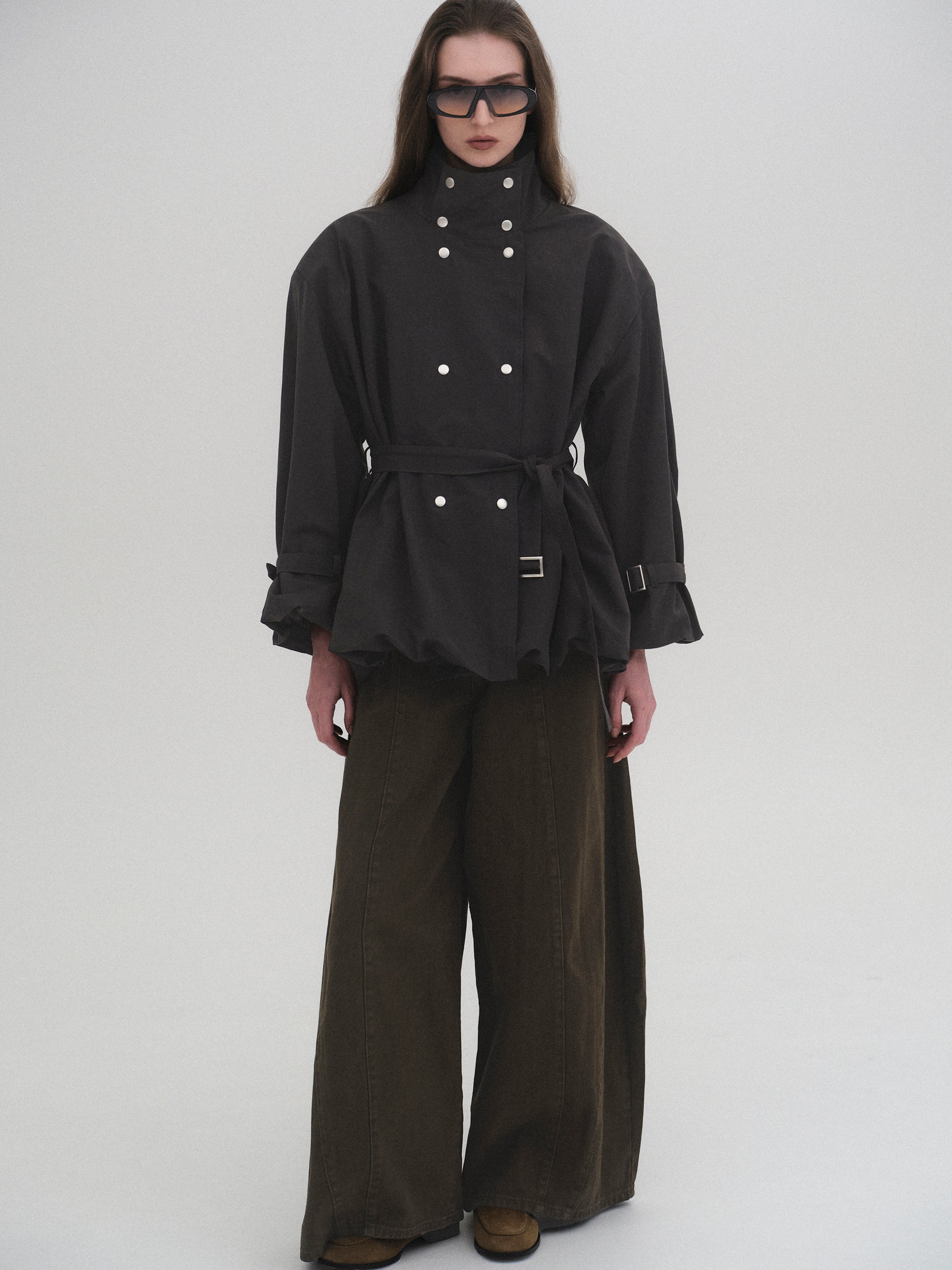 Balloon Short Trench Jacket, Charcoal