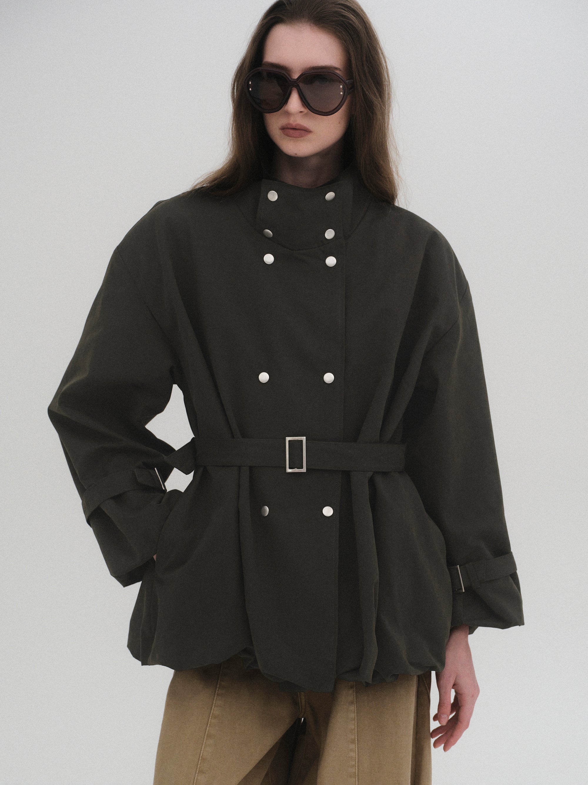 Balloon Short Trench Jacket, Olive