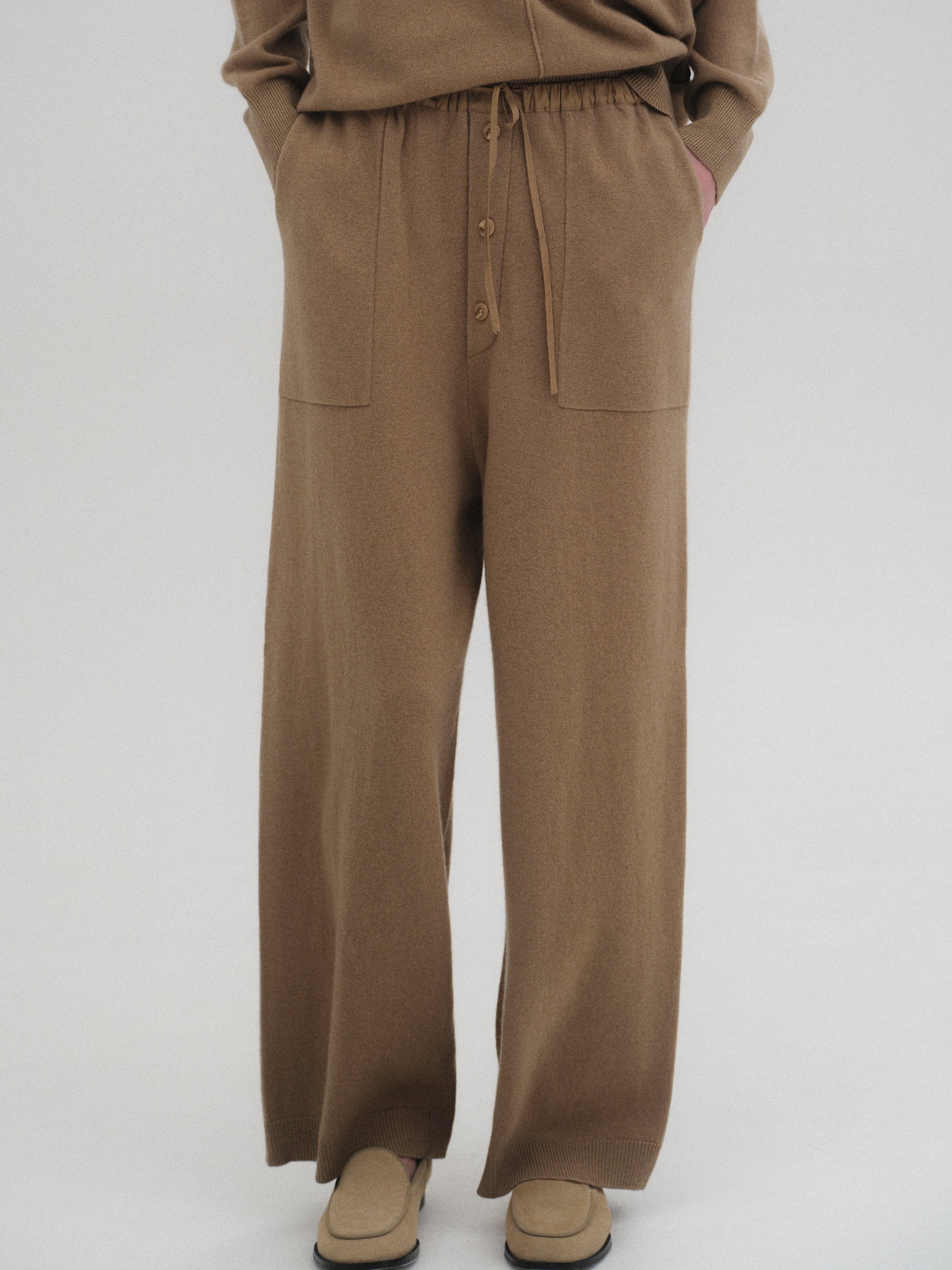 Elastic Waist Wool Pants, Brown