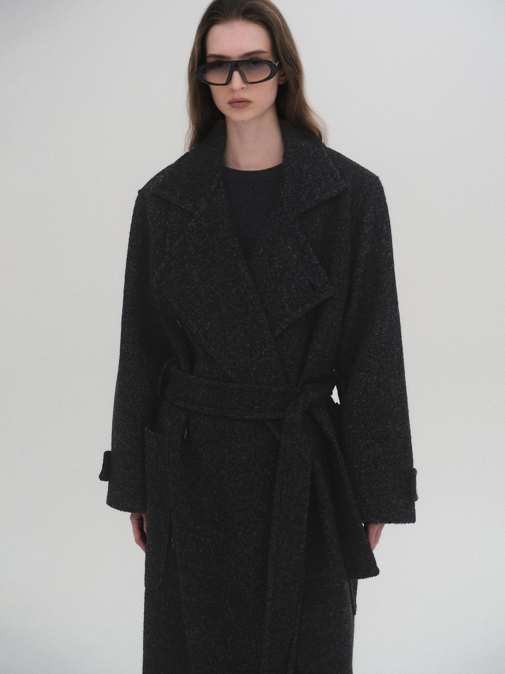 Belted Wool Trench Coat, Charcoal