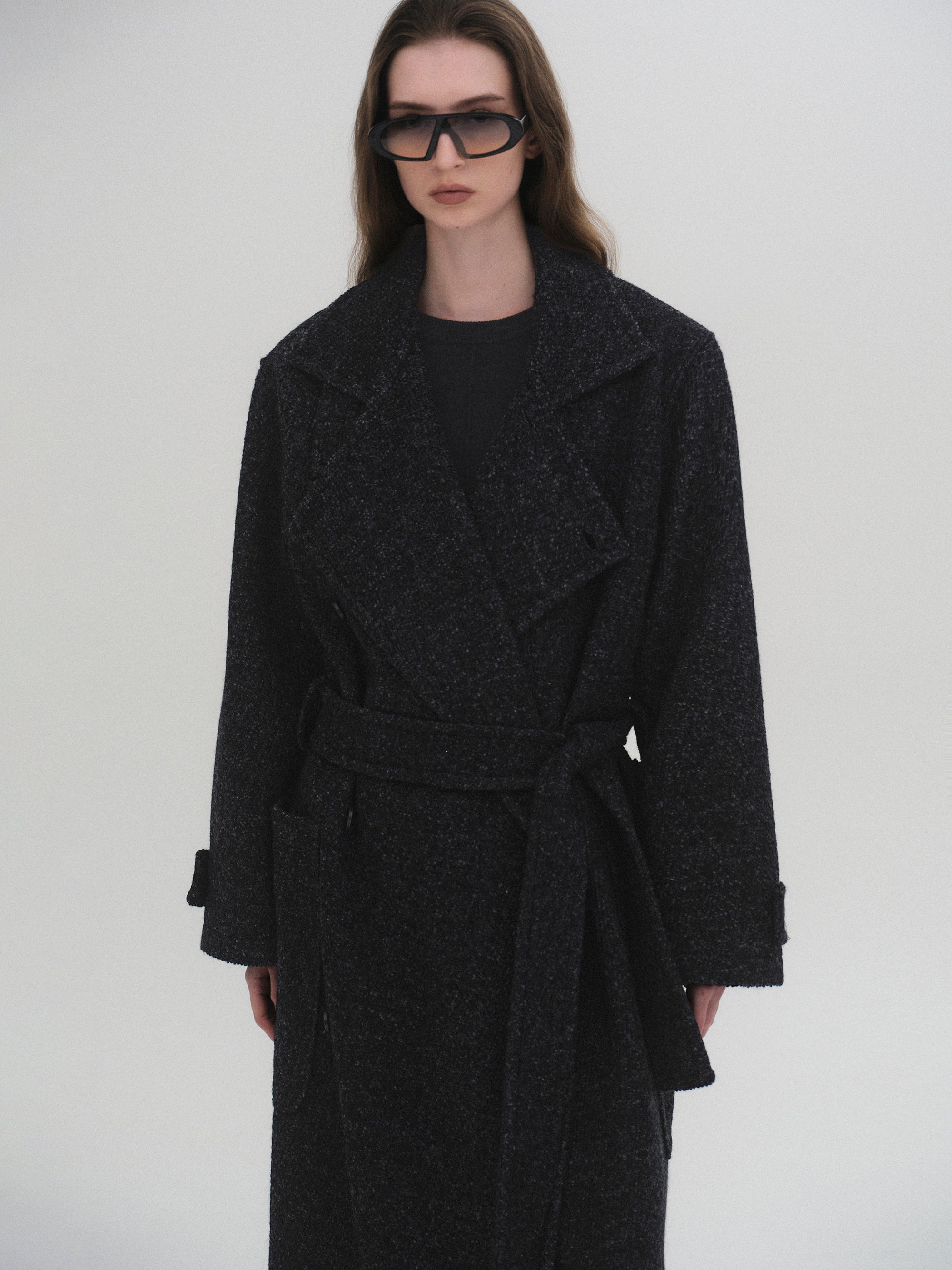Belted Wool Trench Coat, Charcoal