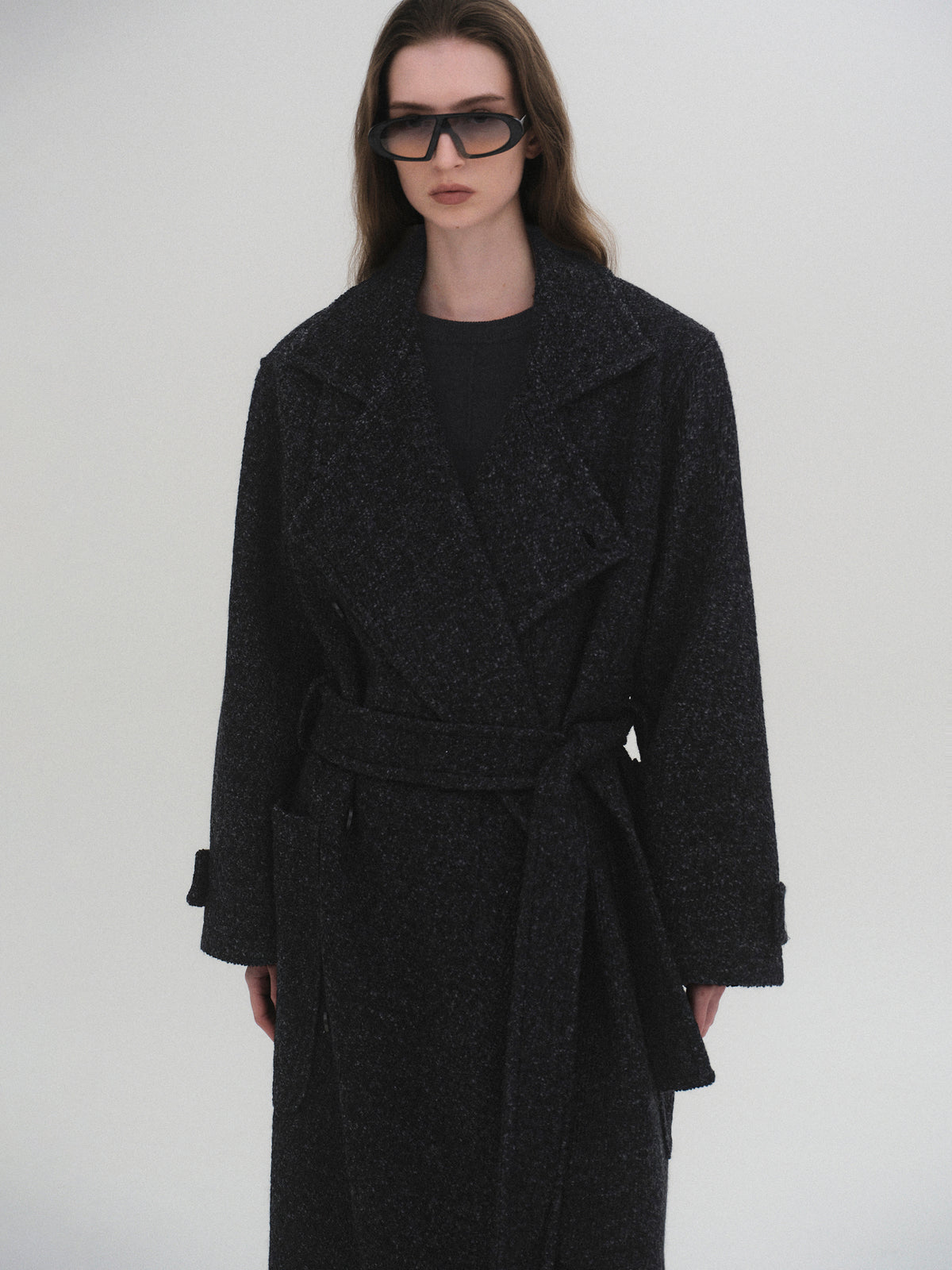 Pima Belted Wool Trench Coat, Charcoal