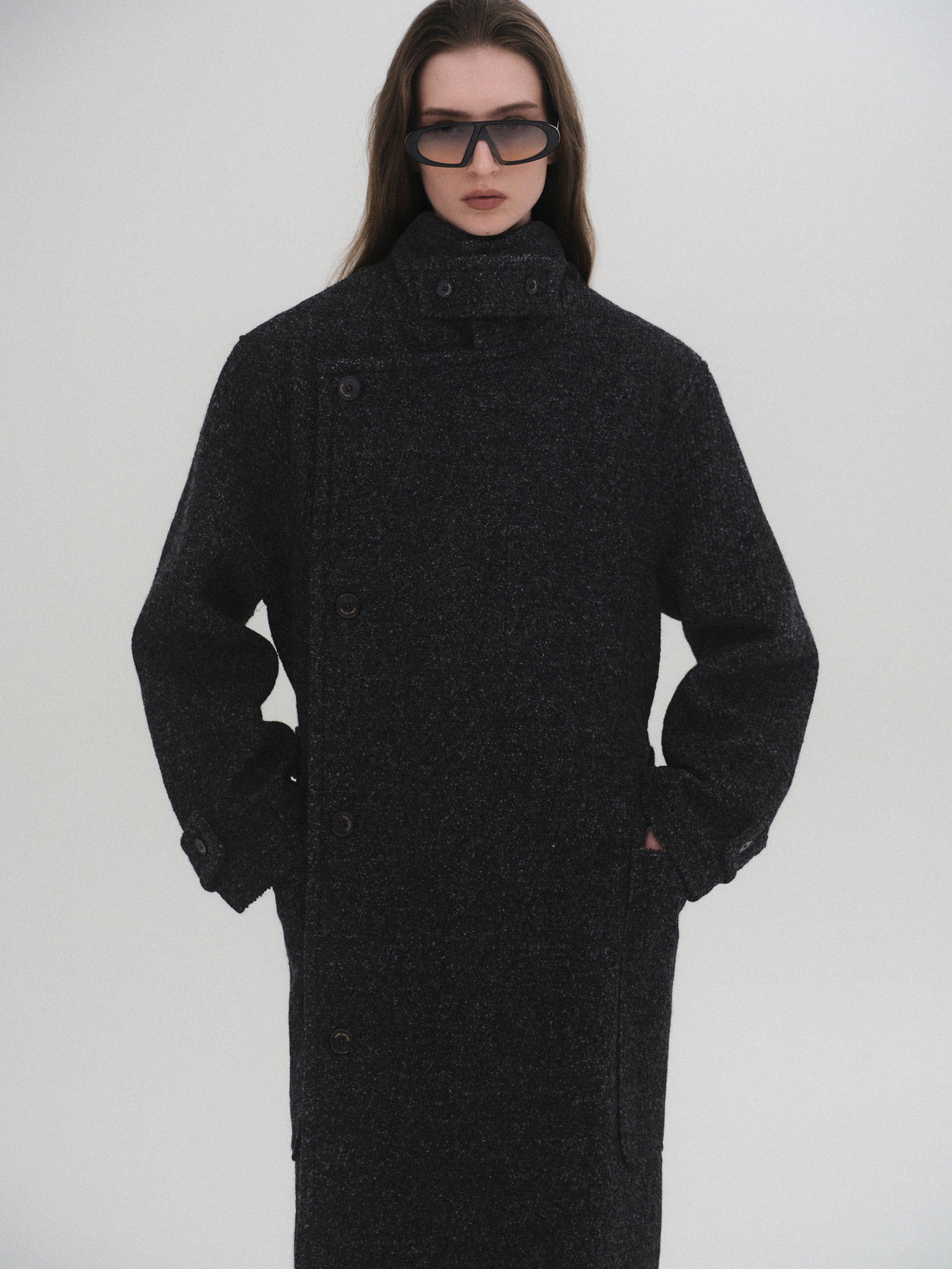Belted Wool Trench Coat, Charcoal