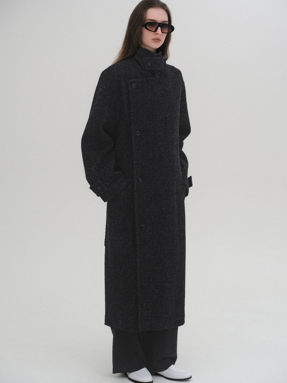 Pima Belted Wool Trench Coat, Charcoal