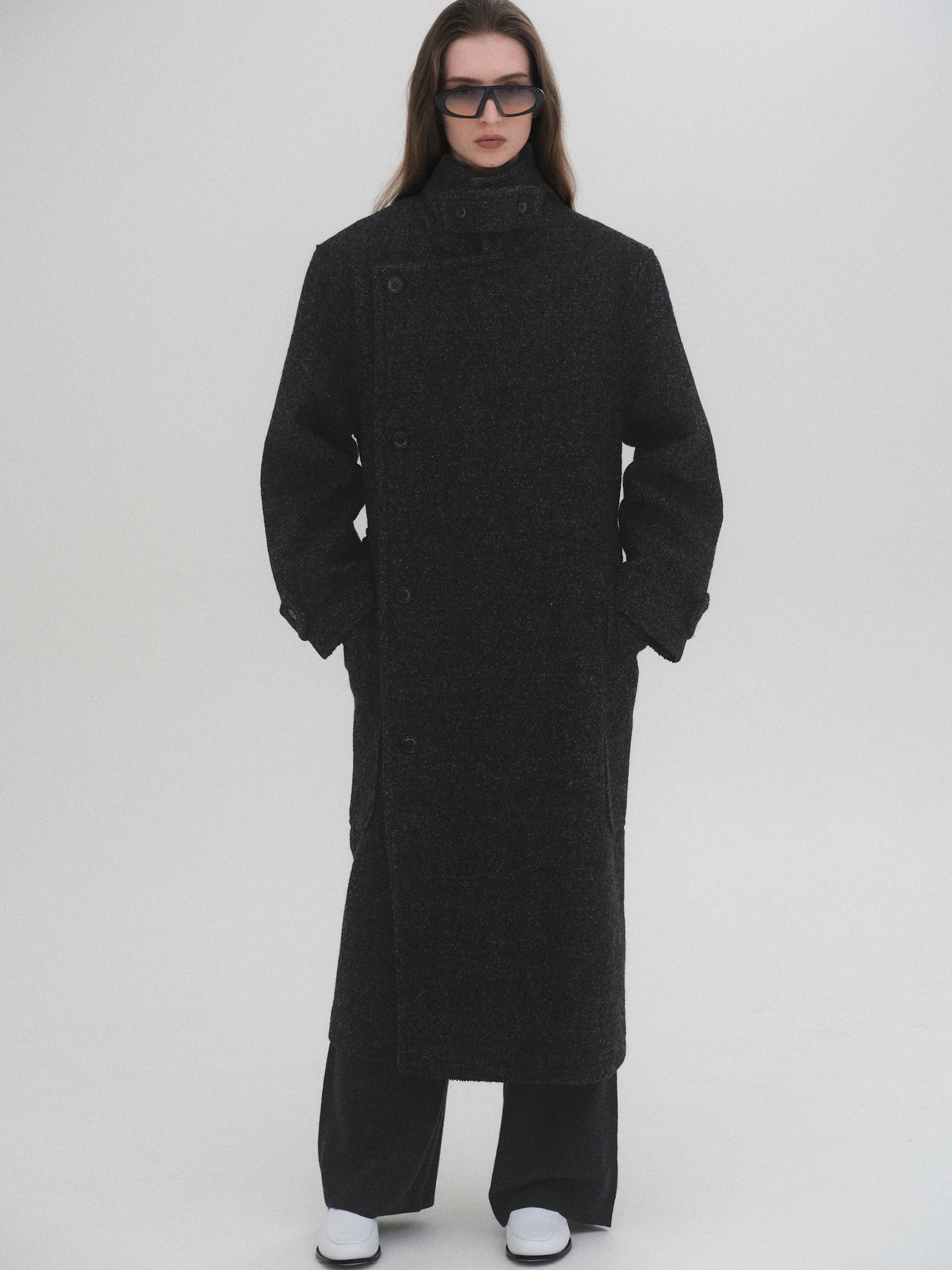 Belted Wool Trench Coat, Charcoal