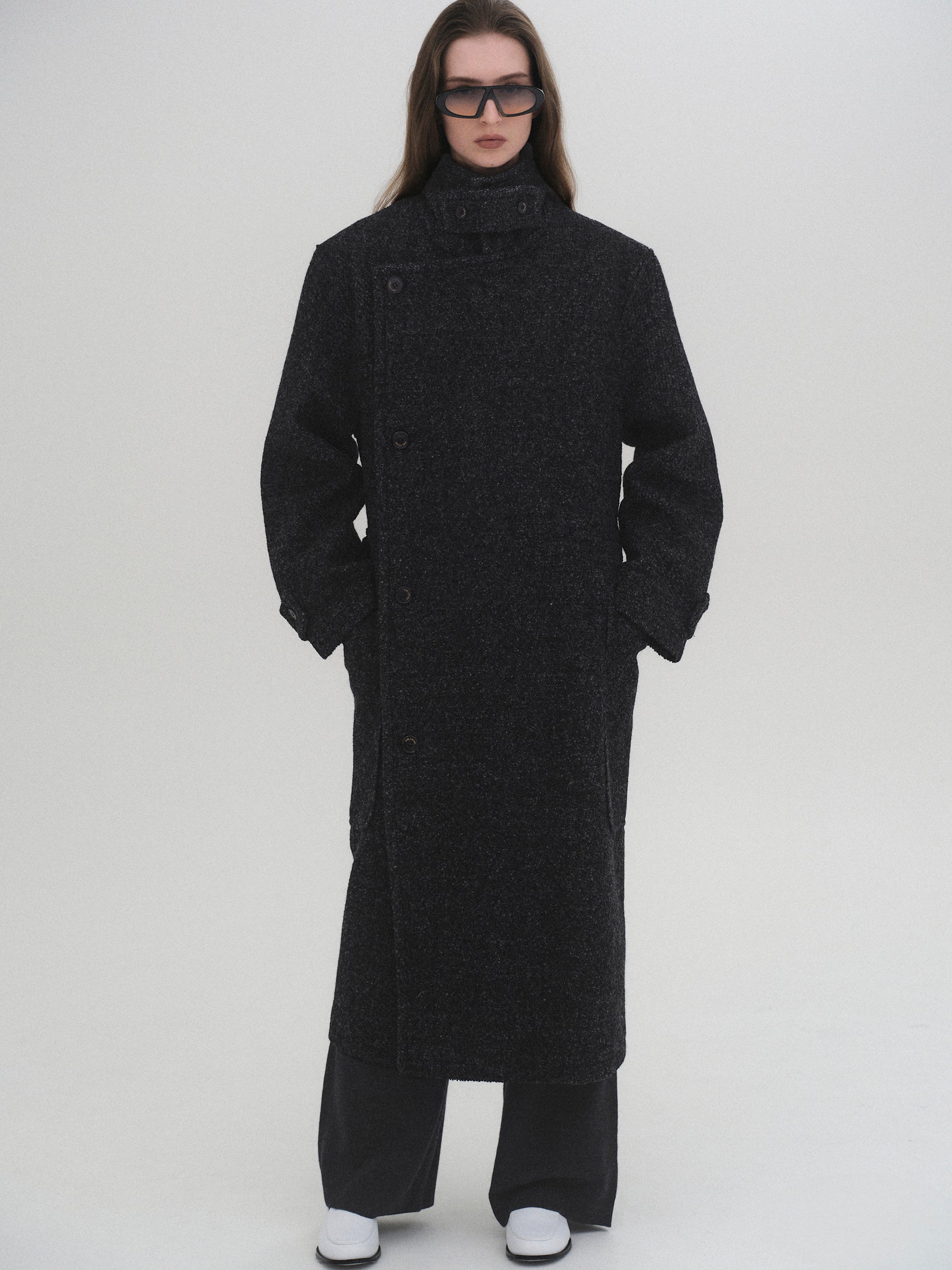 Belted Wool Trench Coat, Charcoal