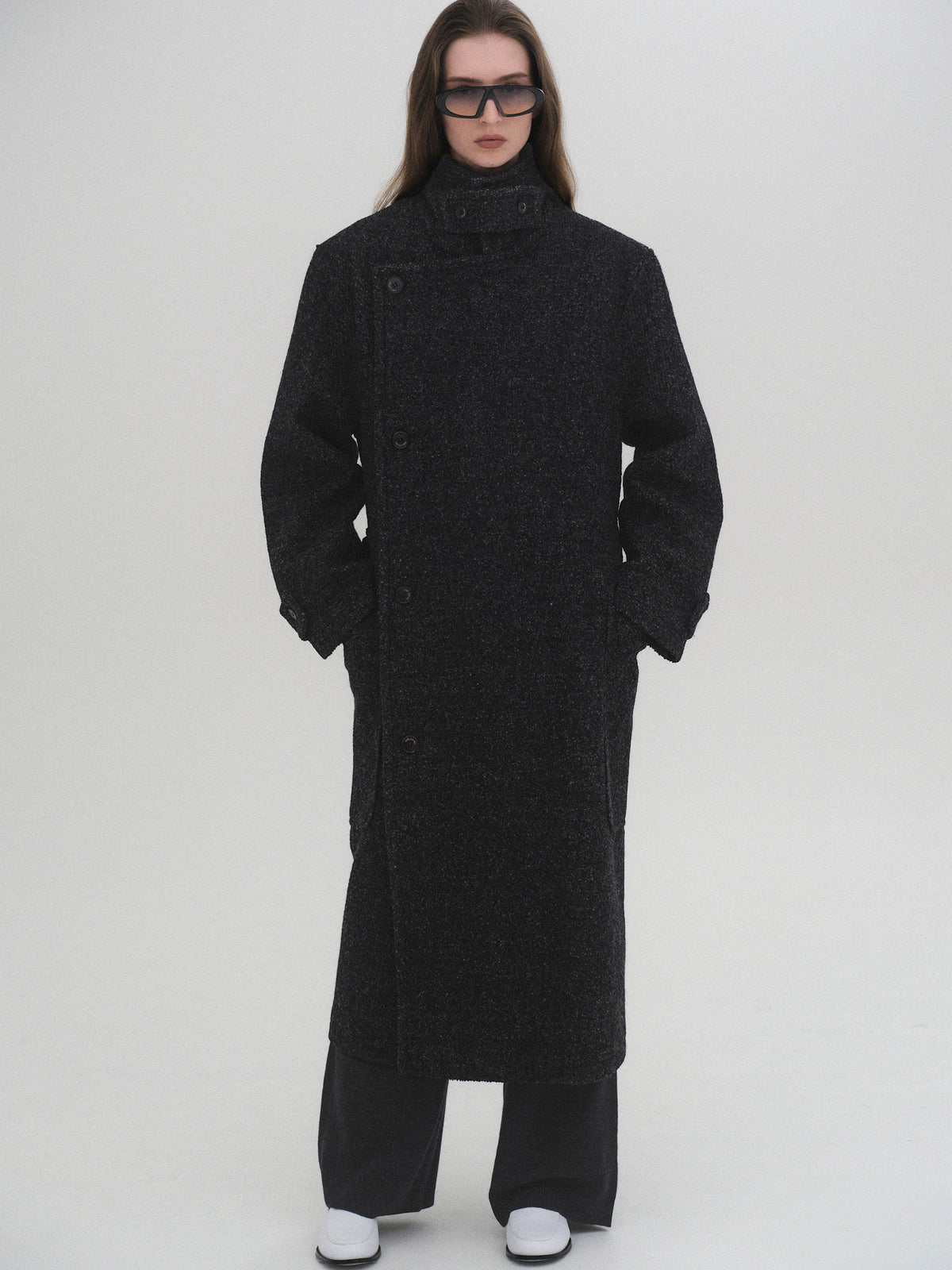 Pima Belted Wool Trench Coat, Charcoal