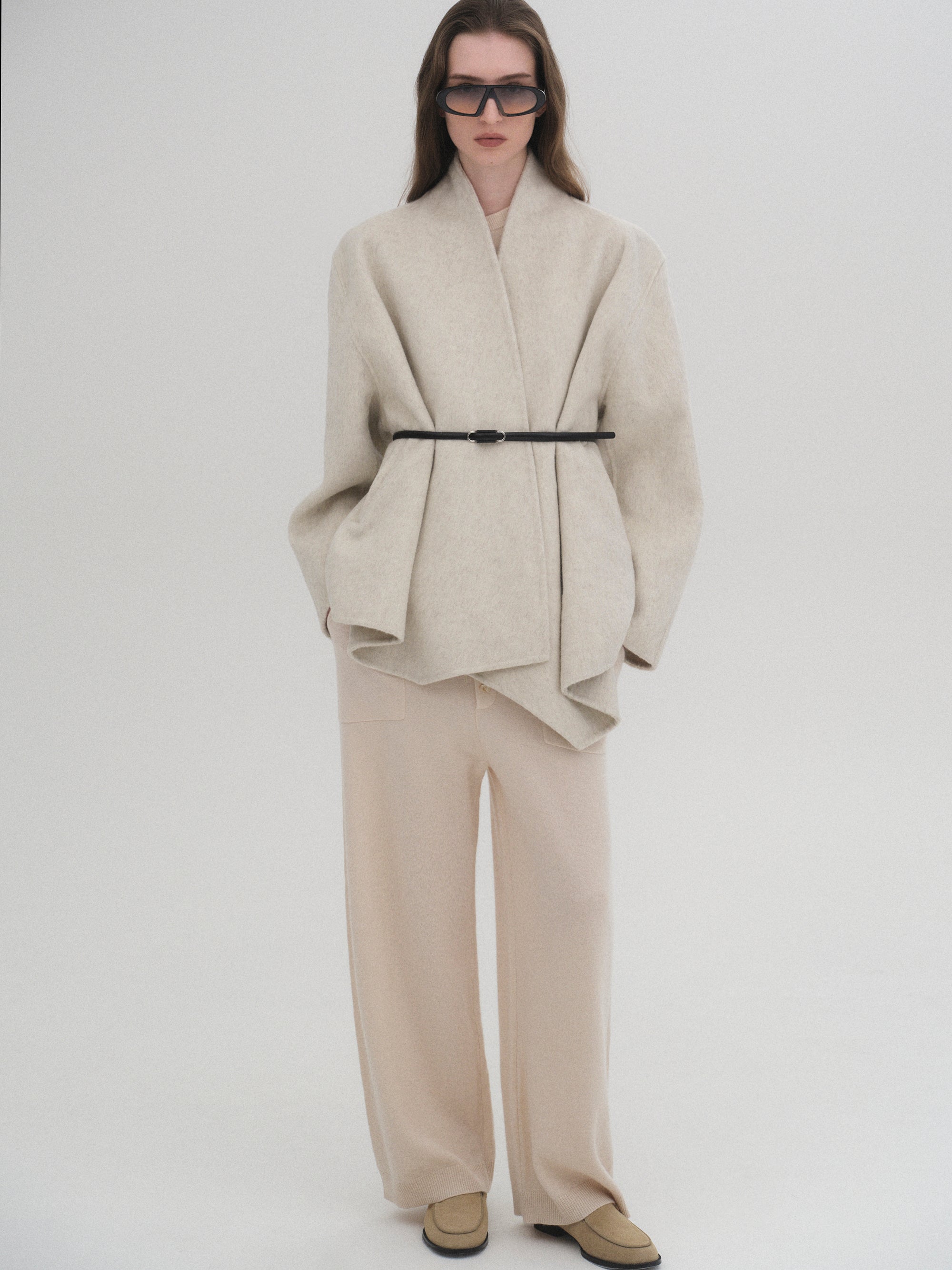 Belted Shawl-Collar Coat, Ivory