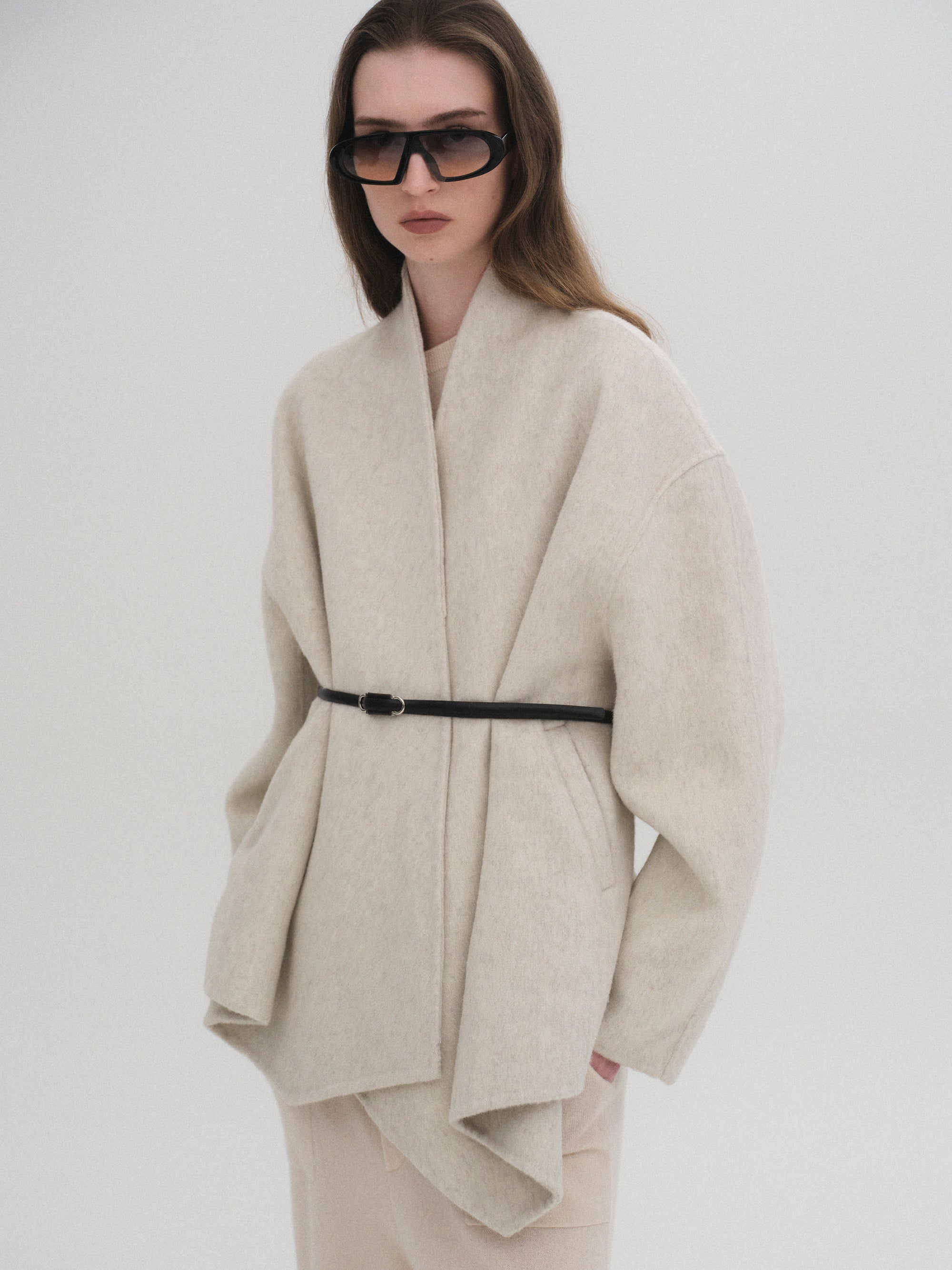 Belted Shawl-Collar Coat, Ivory