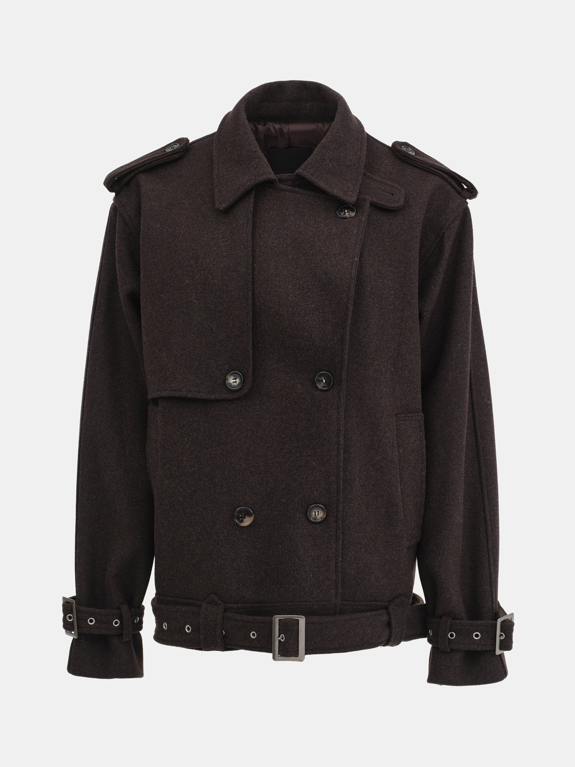 Short Trench Wool Coat, Brown