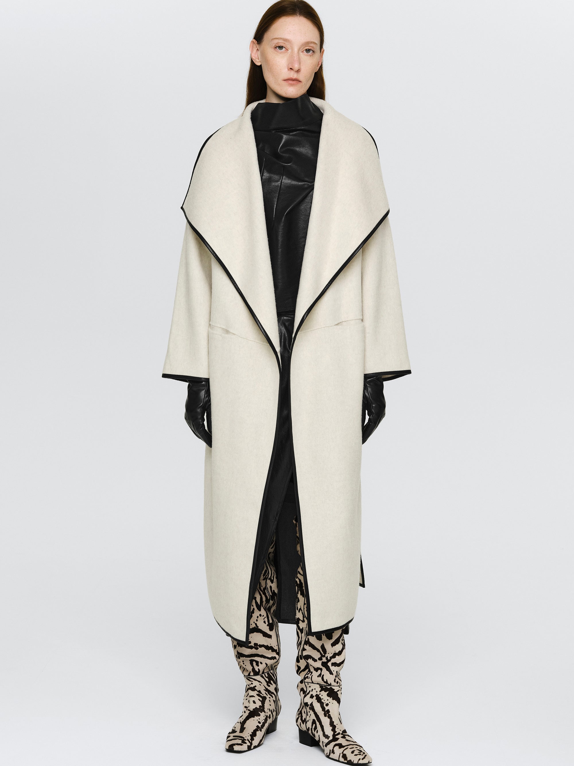 Trim Wrap Wool Coat, Ivory