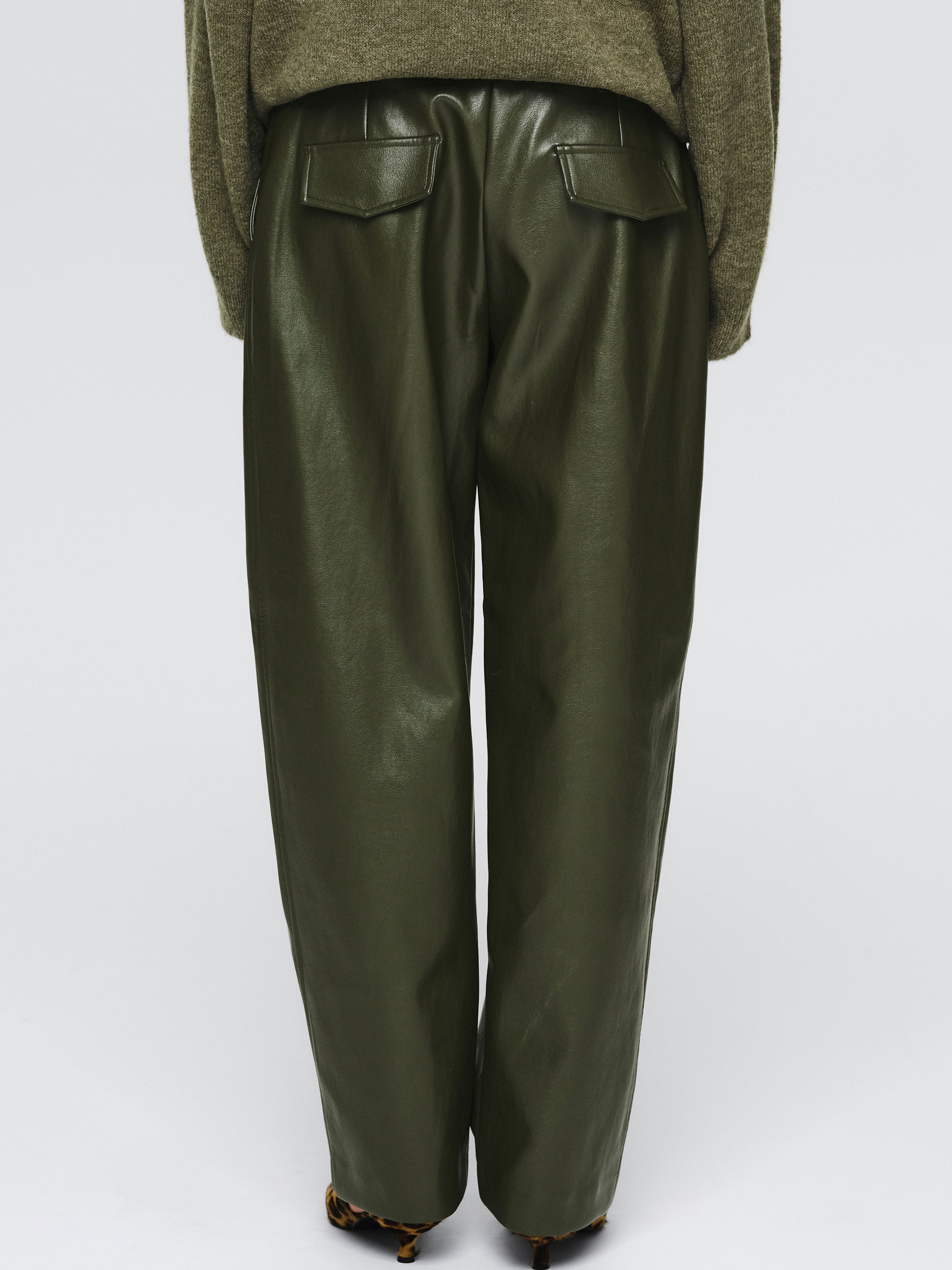 Faux-Leather Tapered Pants, Olive