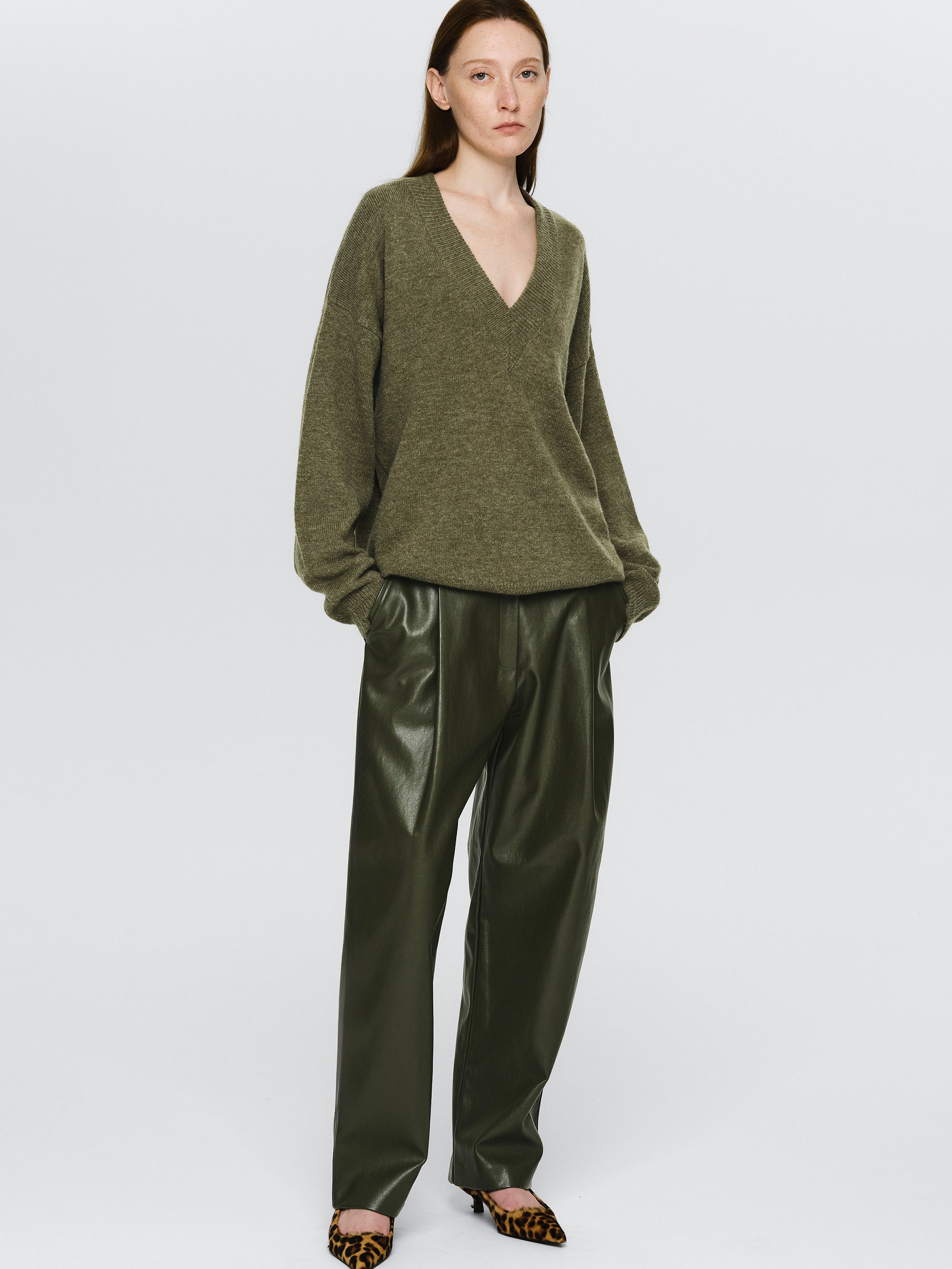 Faux-Leather Tapered Pants, Olive
