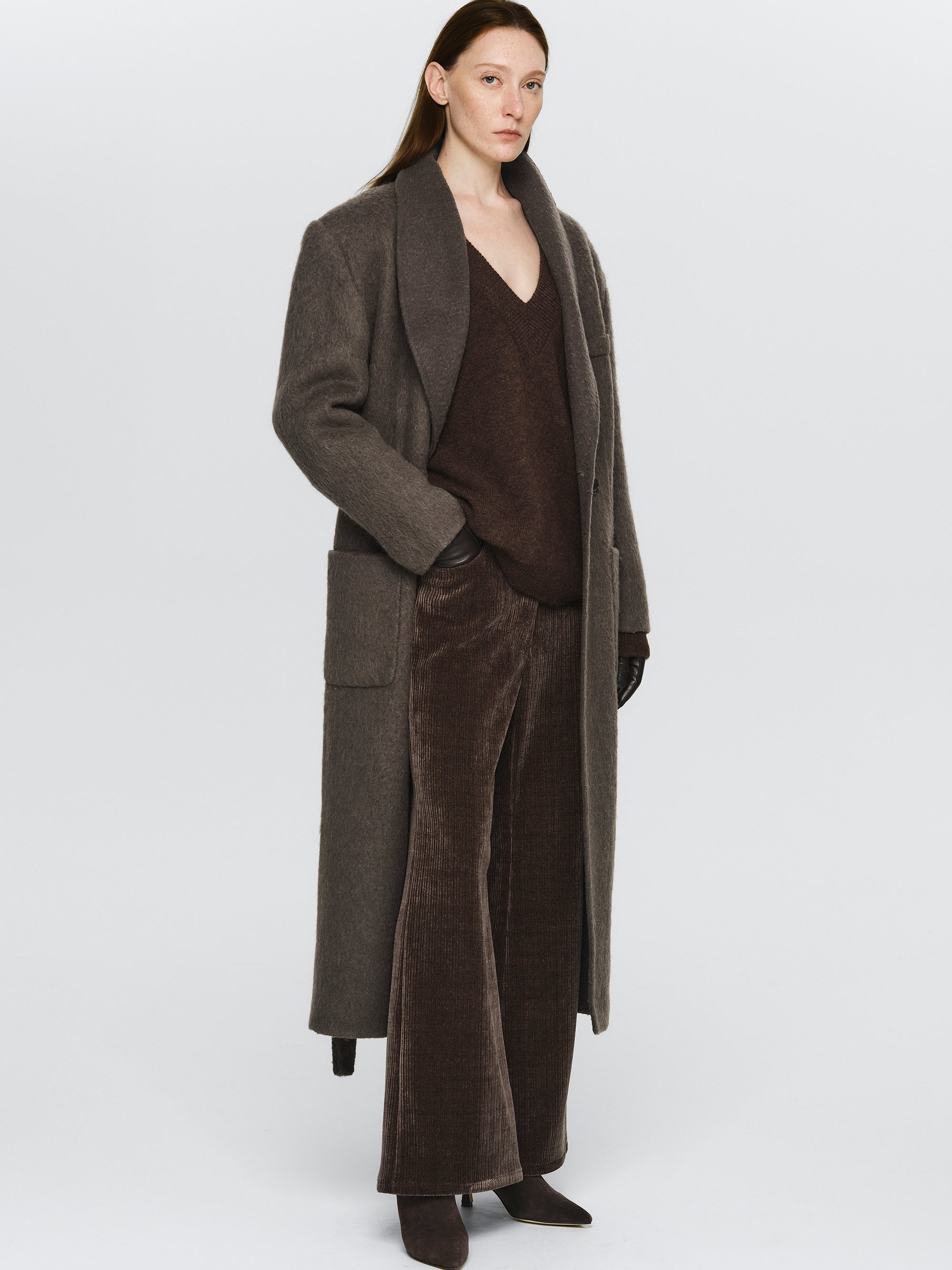 Cinched Robe Long Coat, Brown