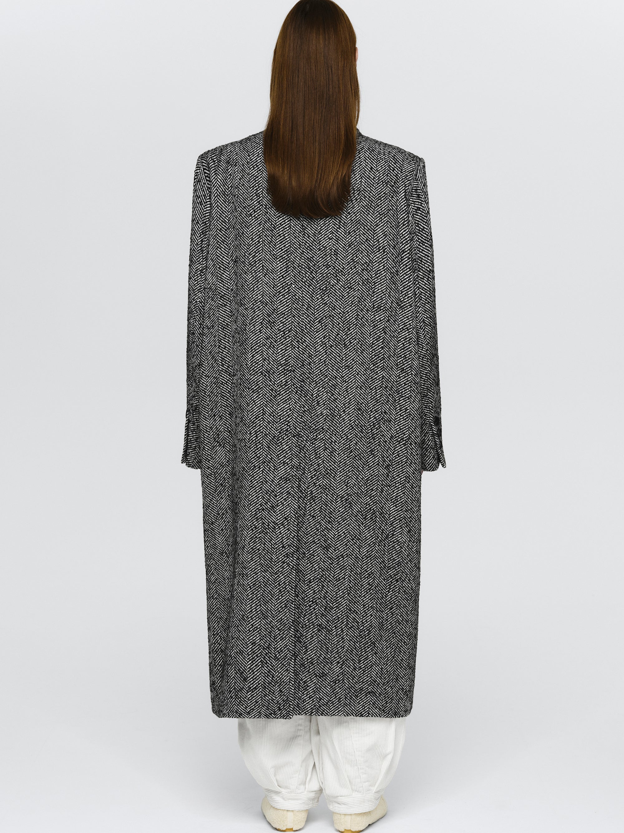 Shawl-Collar Herringbone Coat, Black