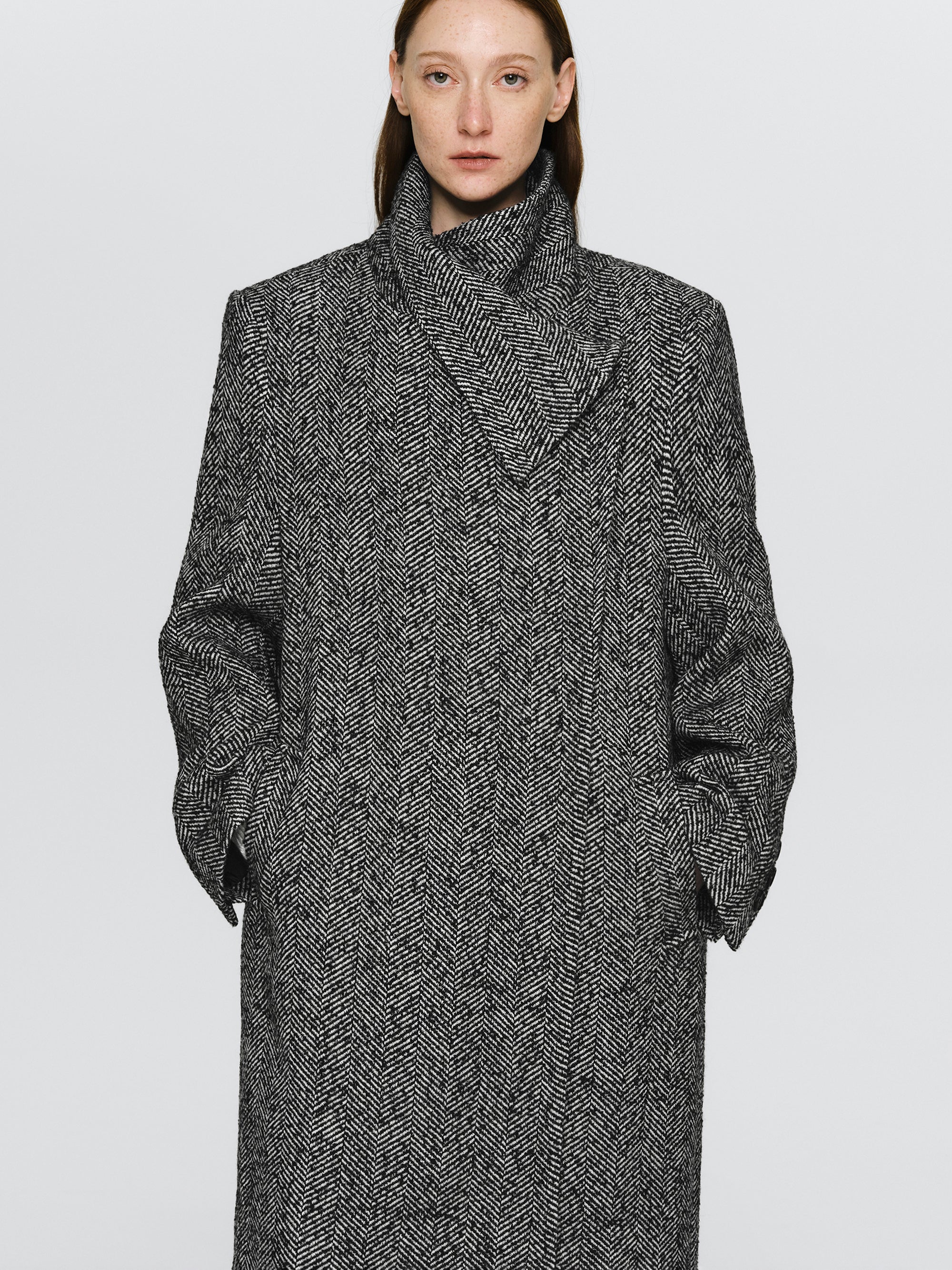 Shawl-Collar Herringbone Coat, Black