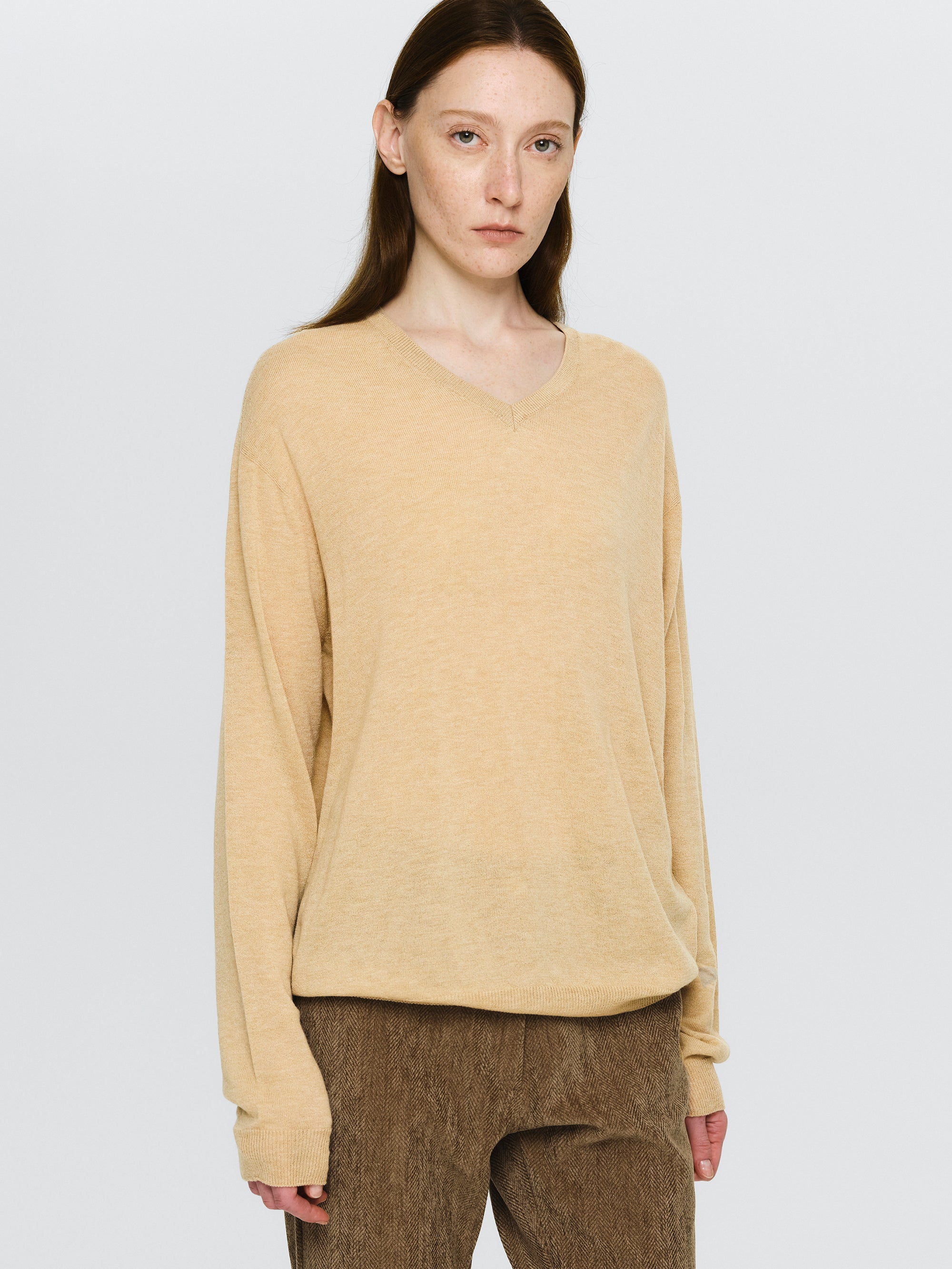 Merino Wool V-Neck Knit, Beige