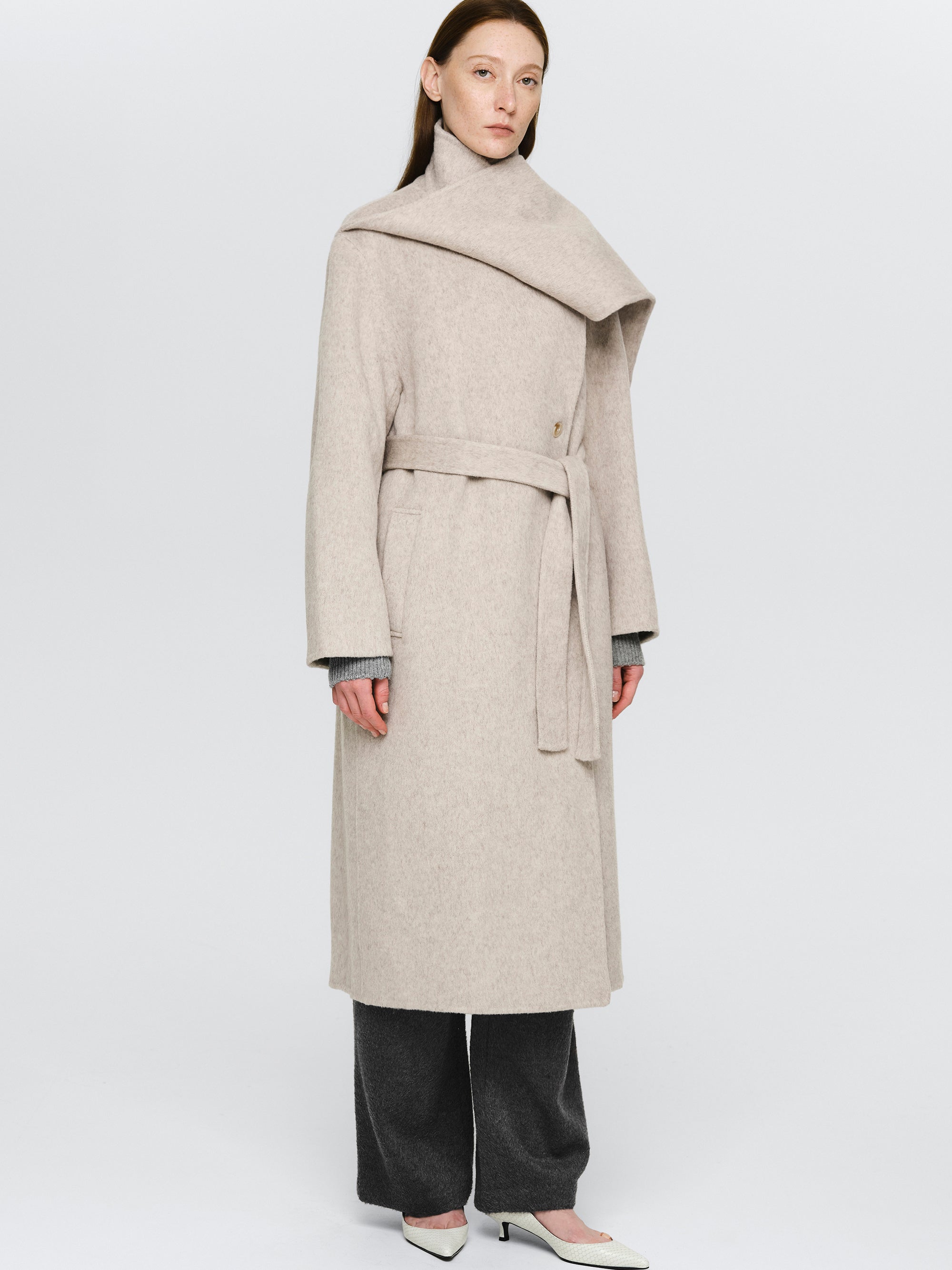 Double Lapel Scarf Coat, Ivory