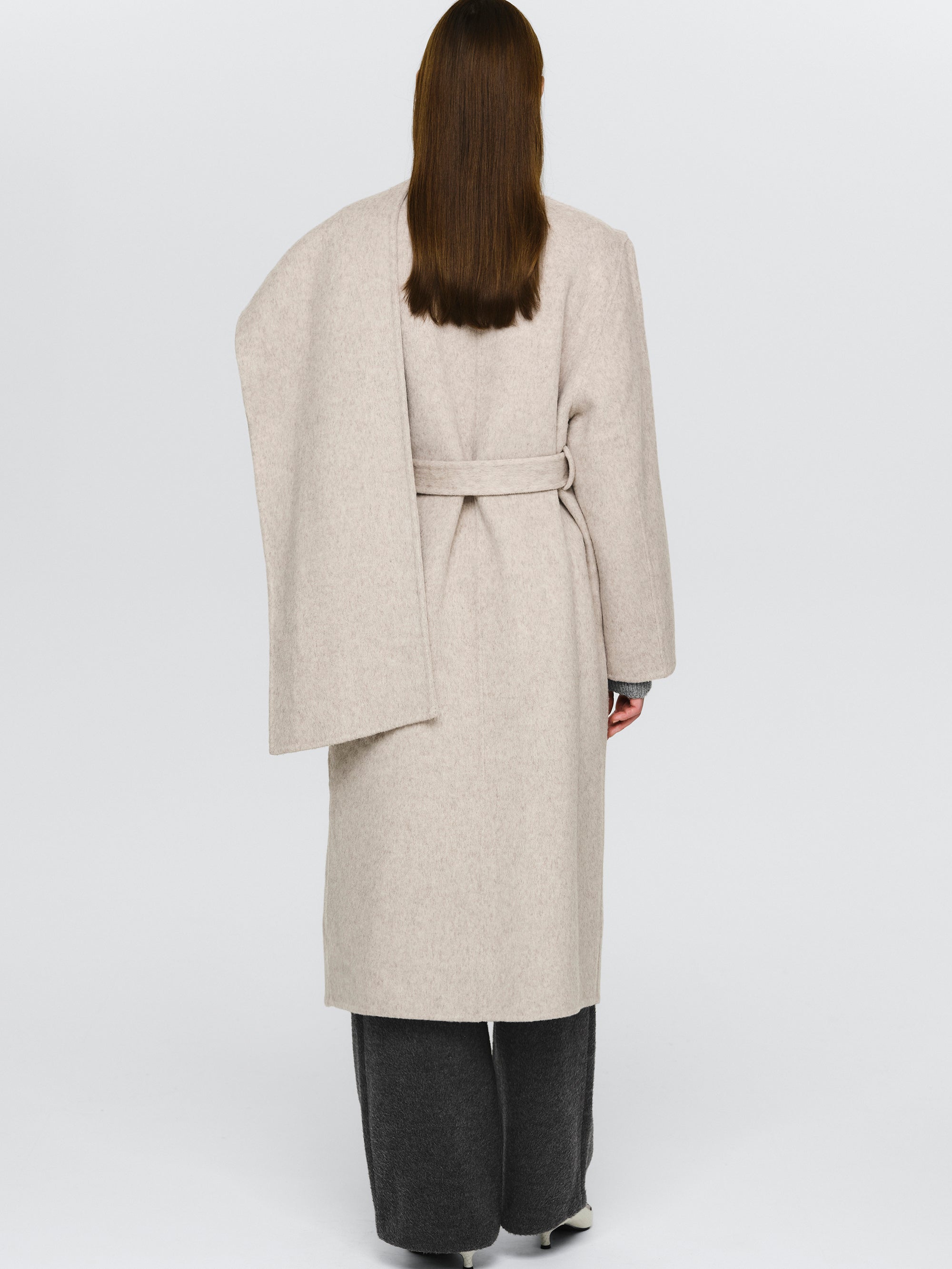 Double Lapel Scarf Coat, Ivory