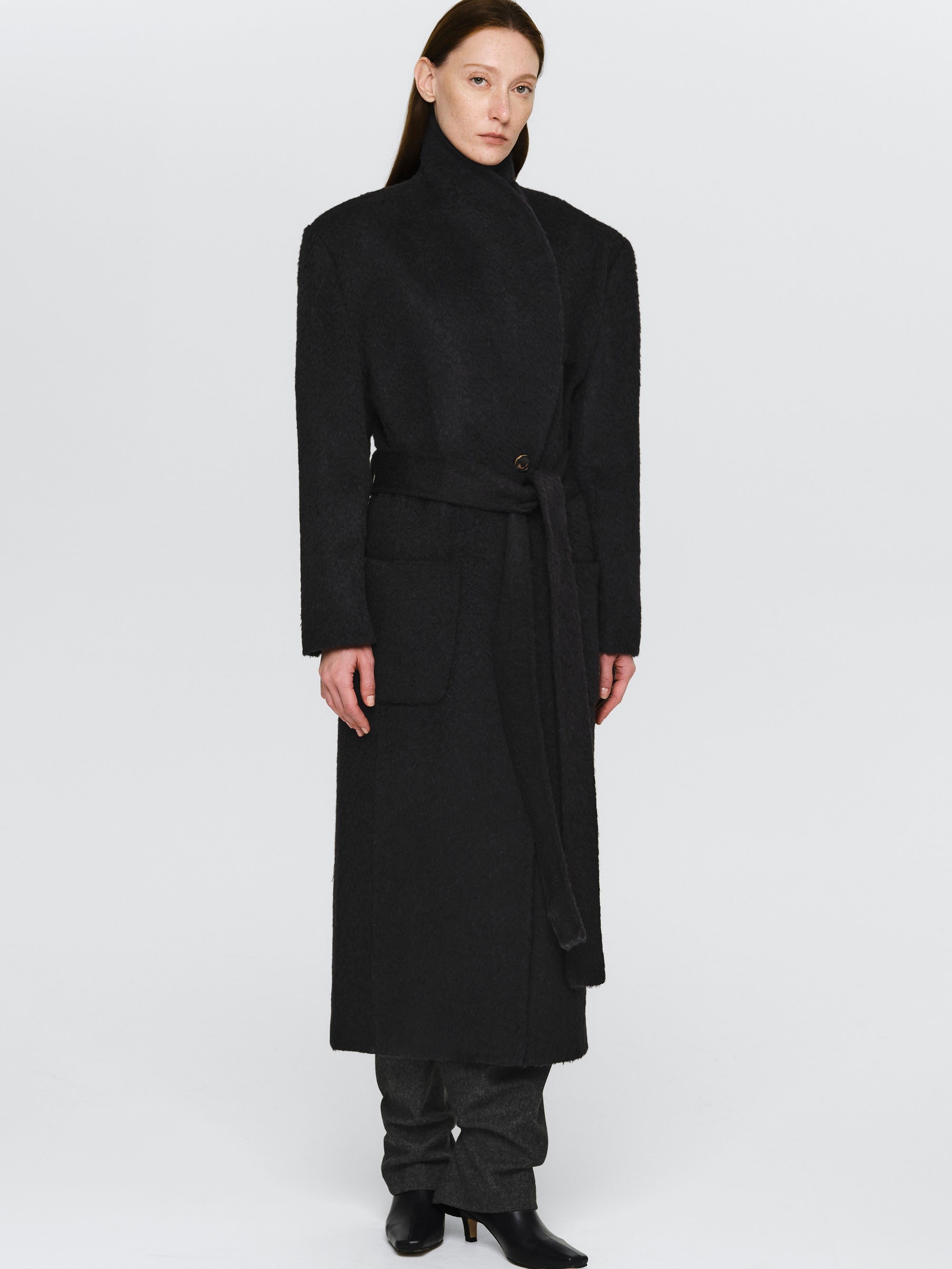 Cinched Robe Long Coat, Black