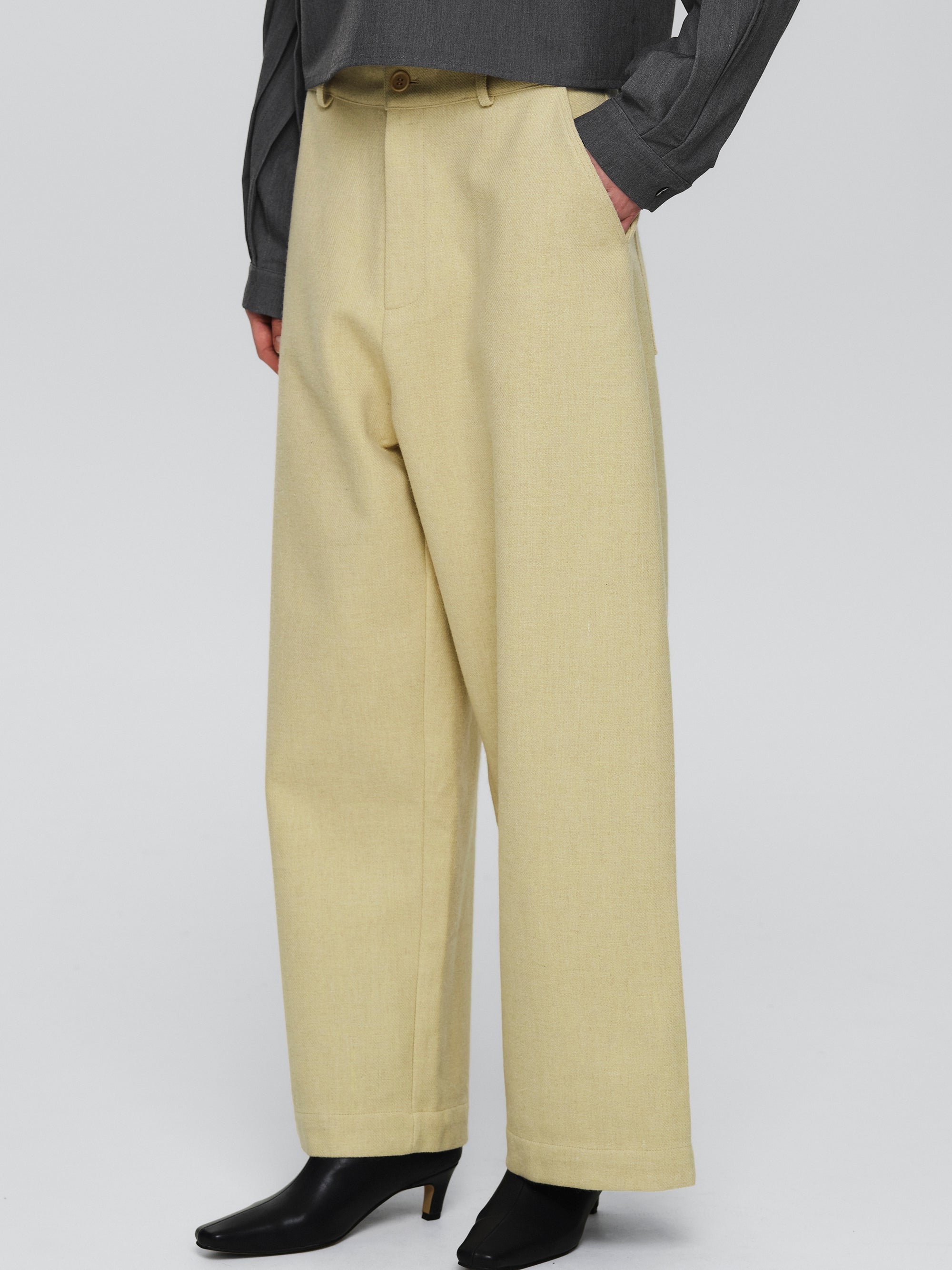 Wool-Blend Wide Trousers, Yellow