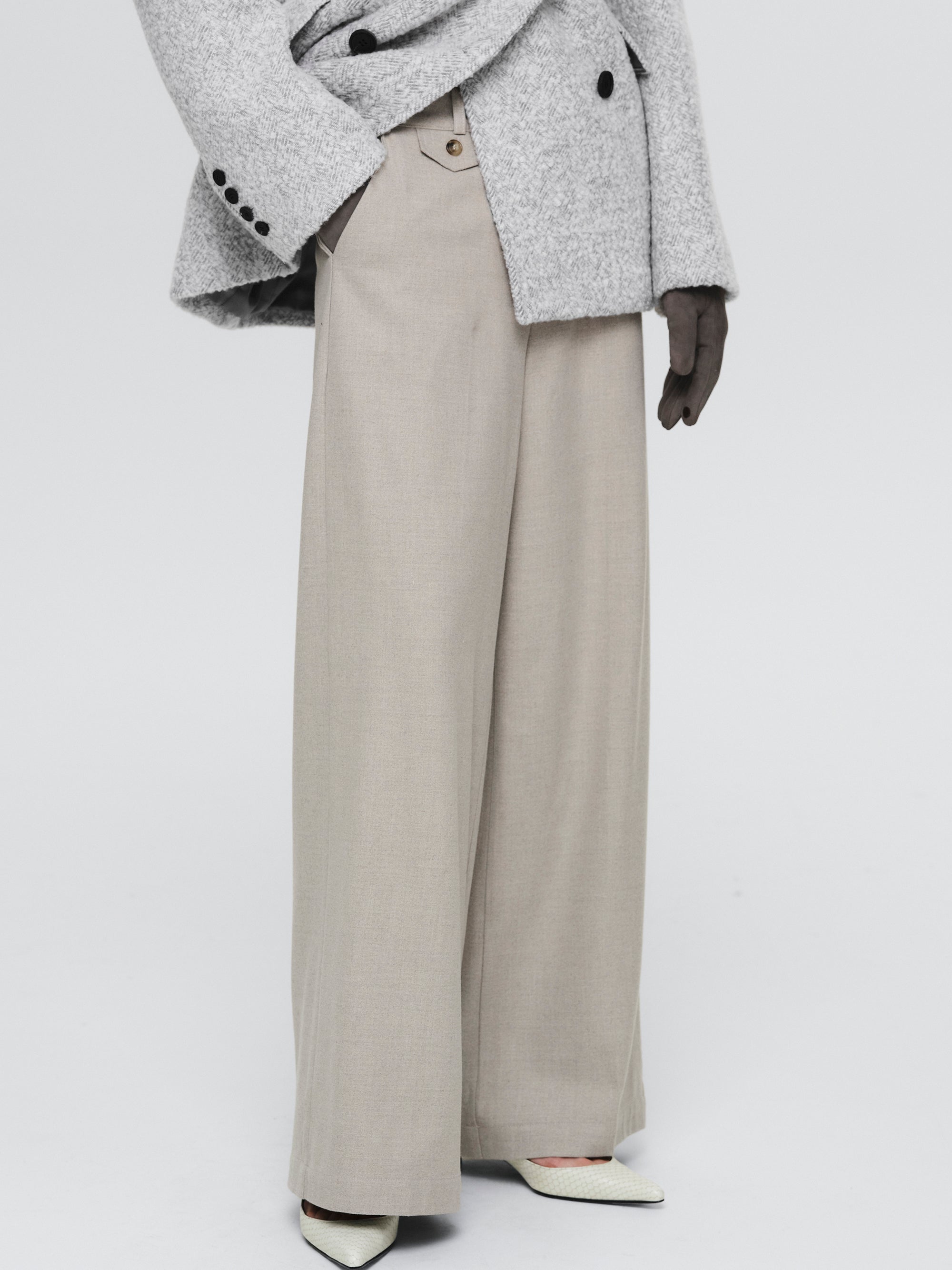 Button Tab Trousers, Greige