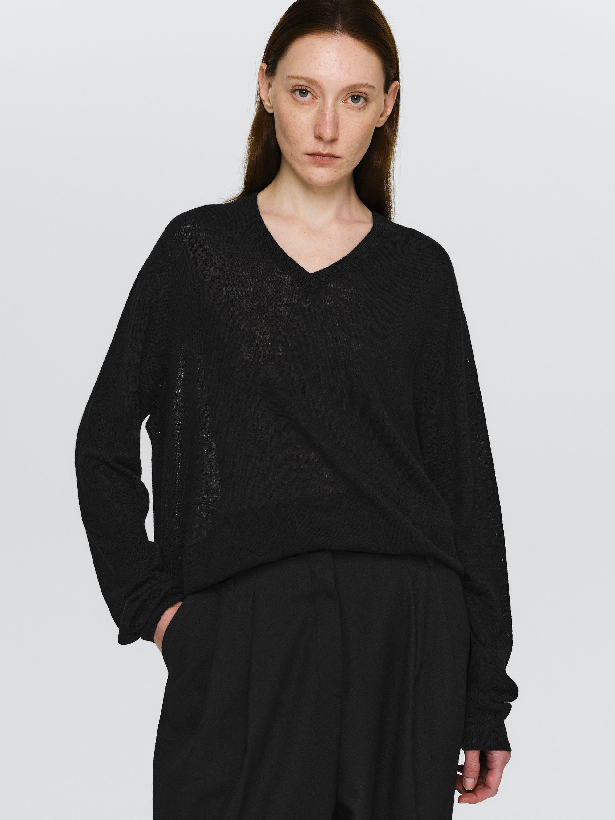 Merino Wool V-Neck Knit, Black