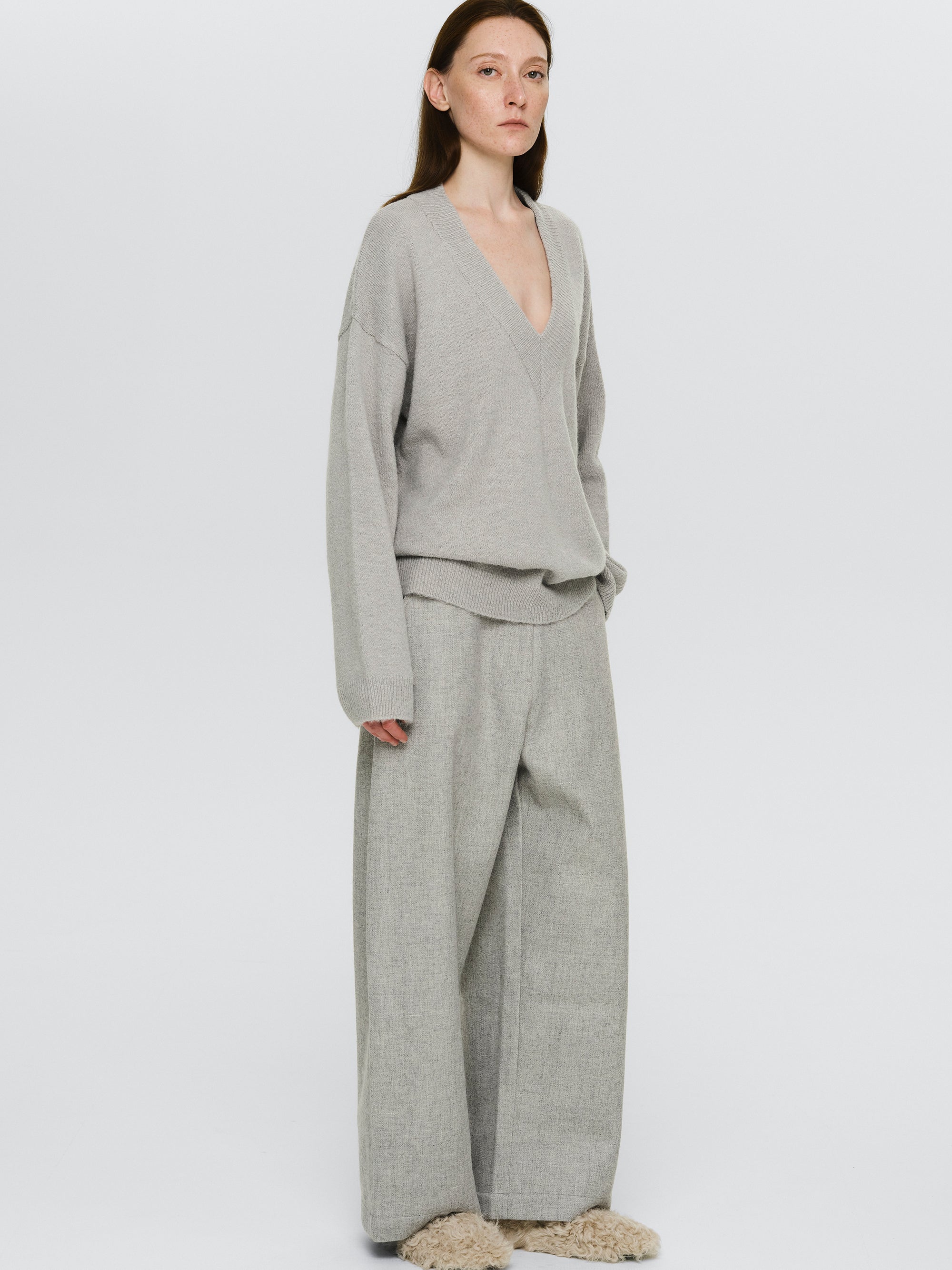 Wool-Blend Wide Trousers, Grey