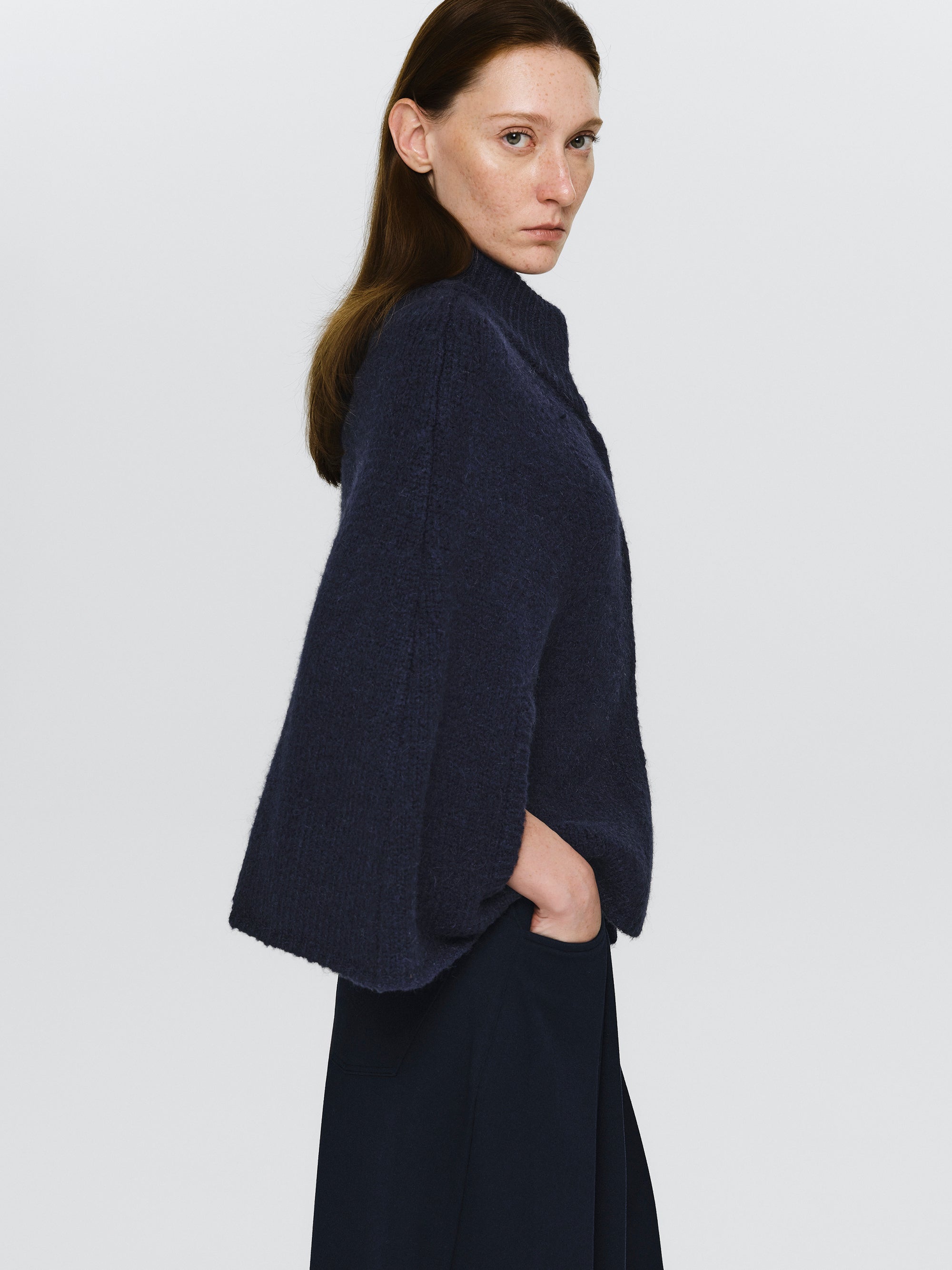 High Collar Knit Cape, Navy