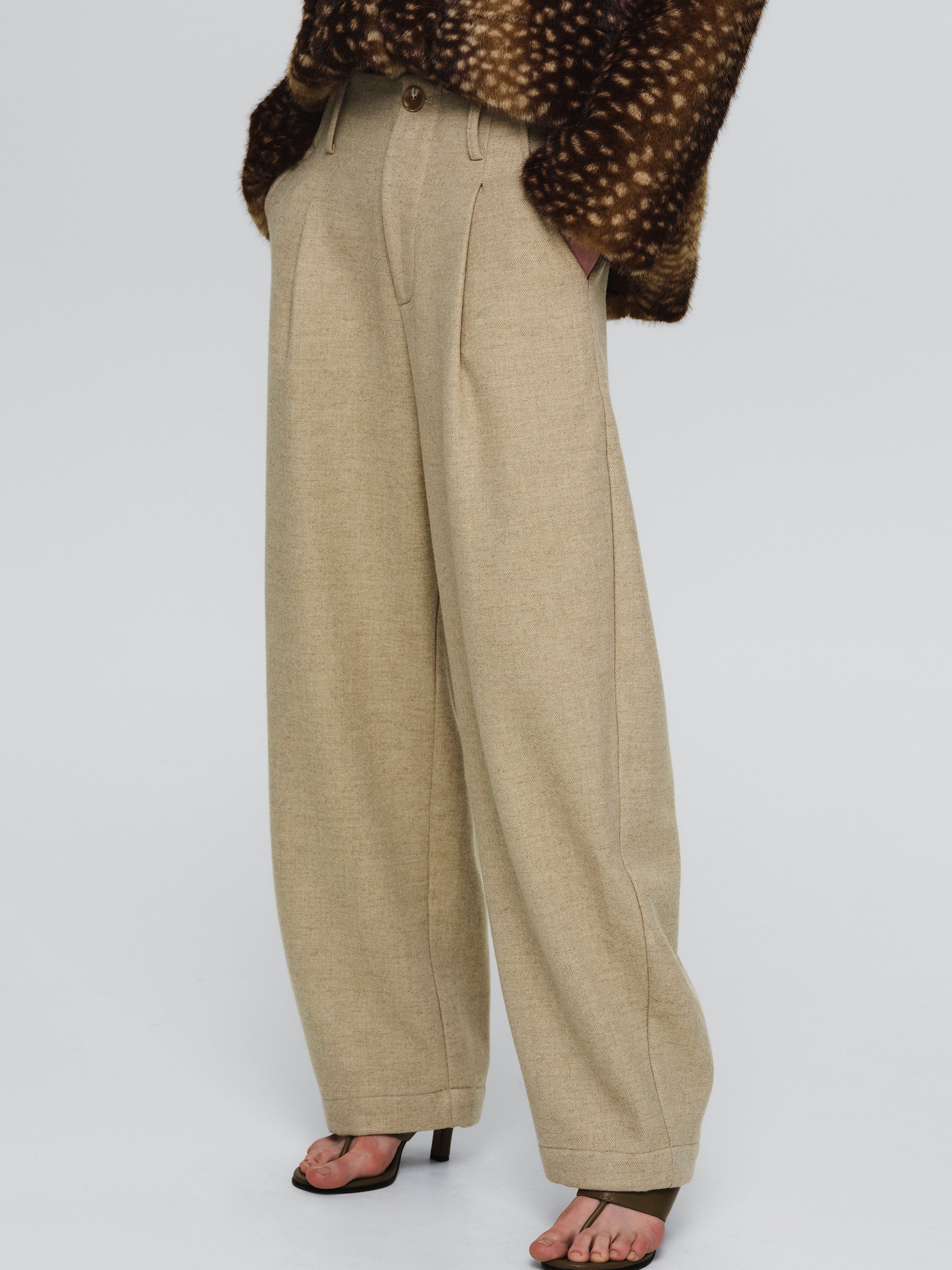 Melange Wool-Blend Trousers, Beige