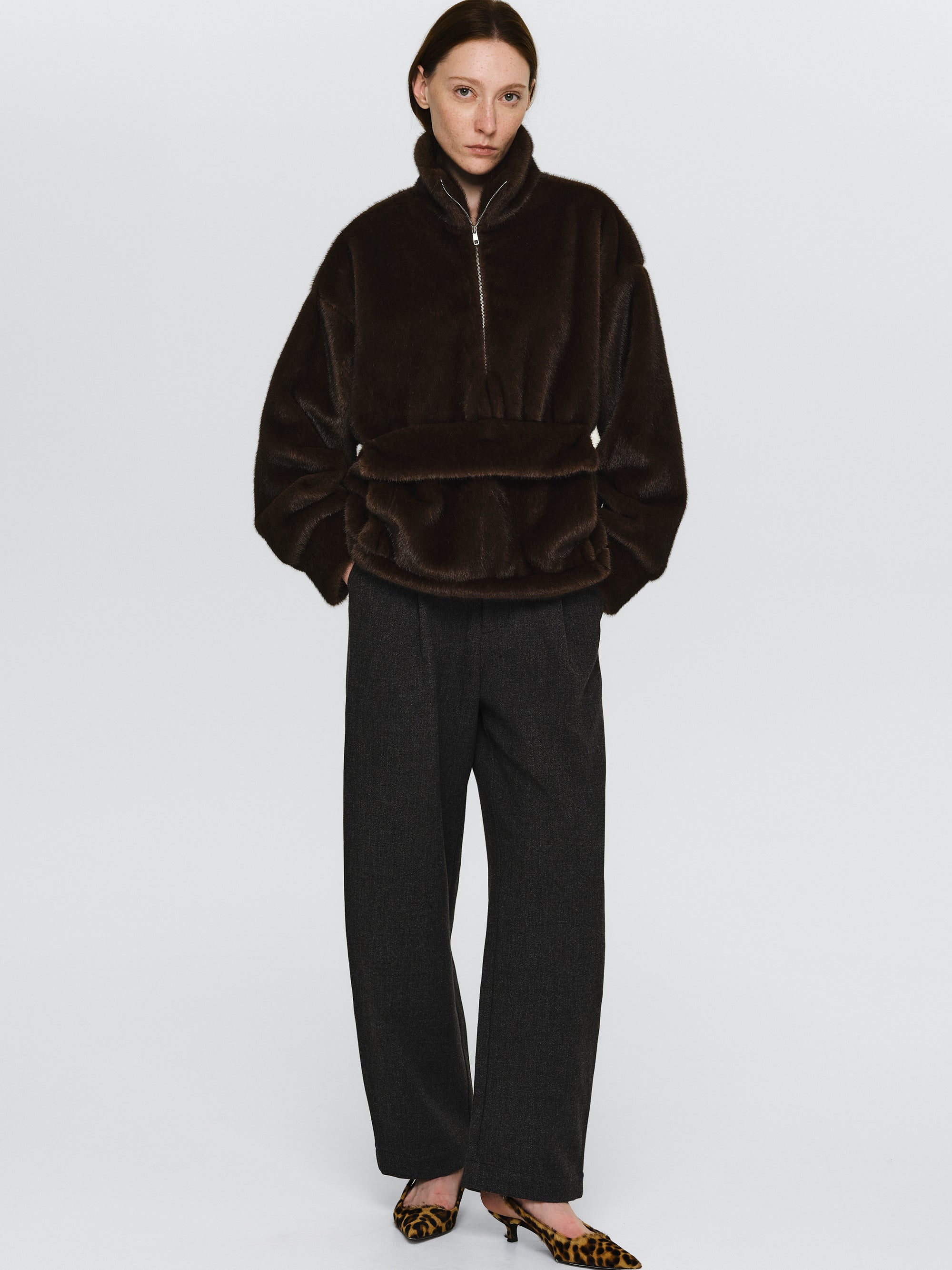 Half-Zip Faux-Fur Pullover, Brown