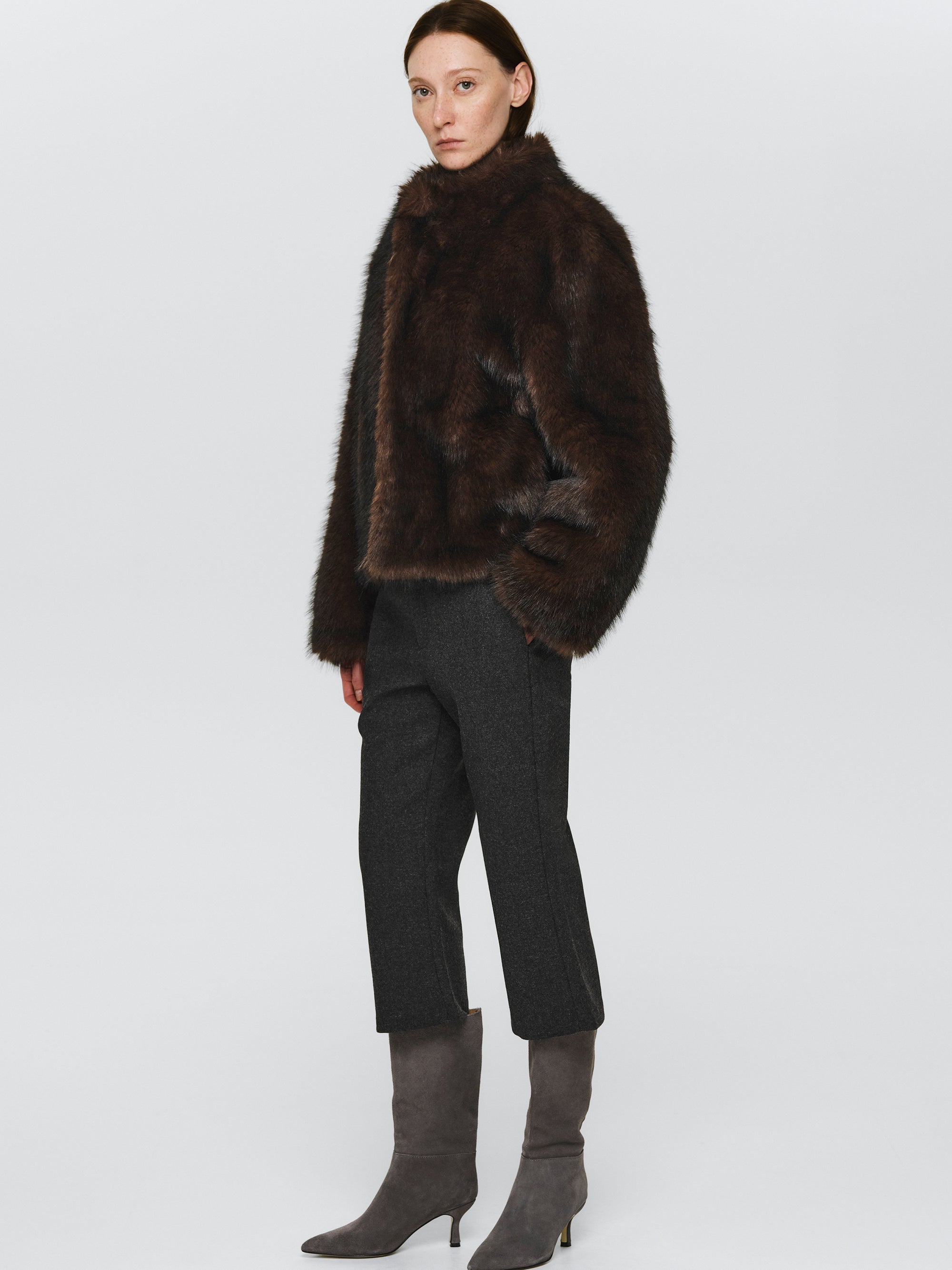 Funnel-Neck Faux-Fur Jacket, Brown