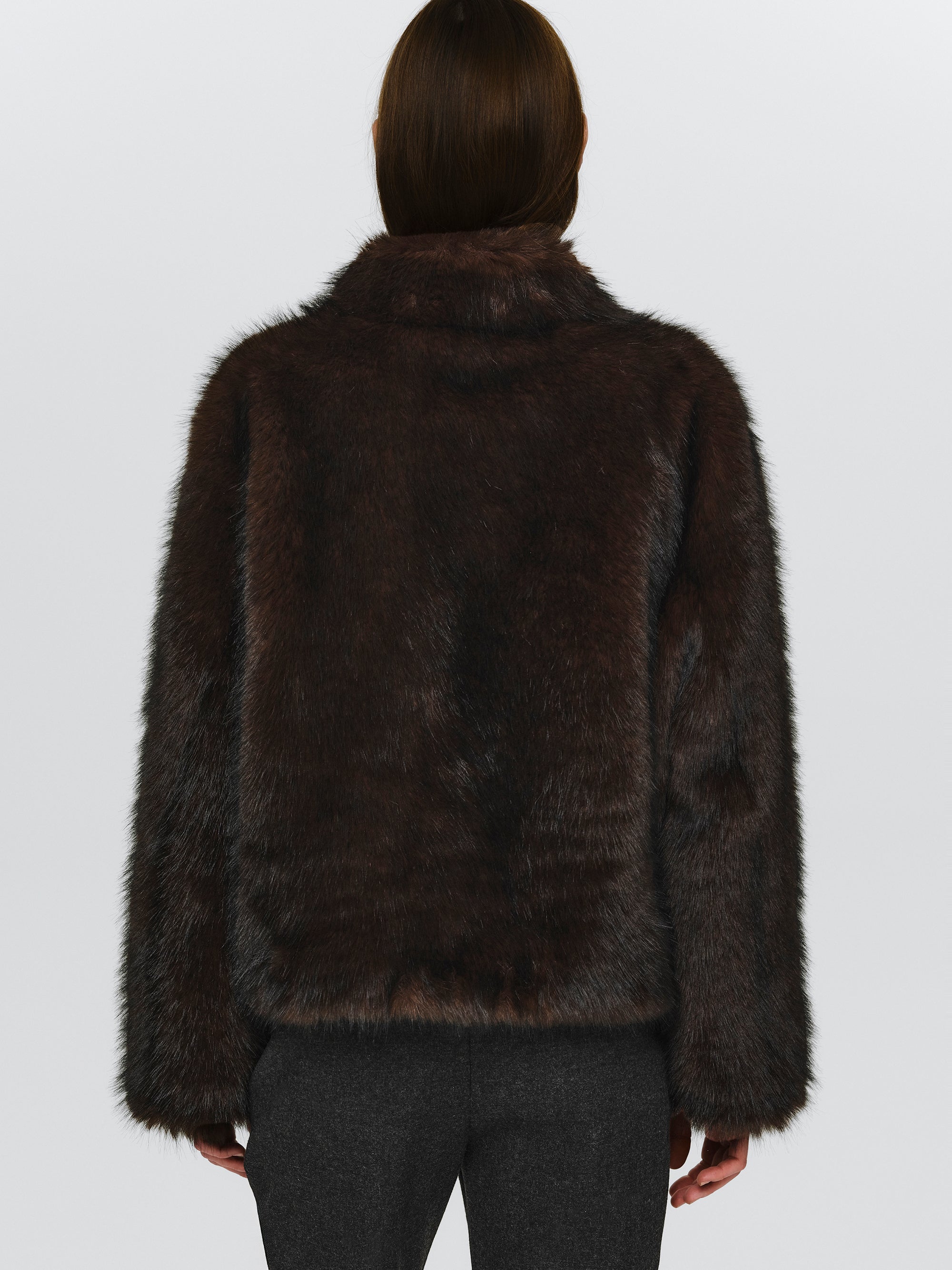 Funnel-Neck Faux-Fur Jacket, Brown