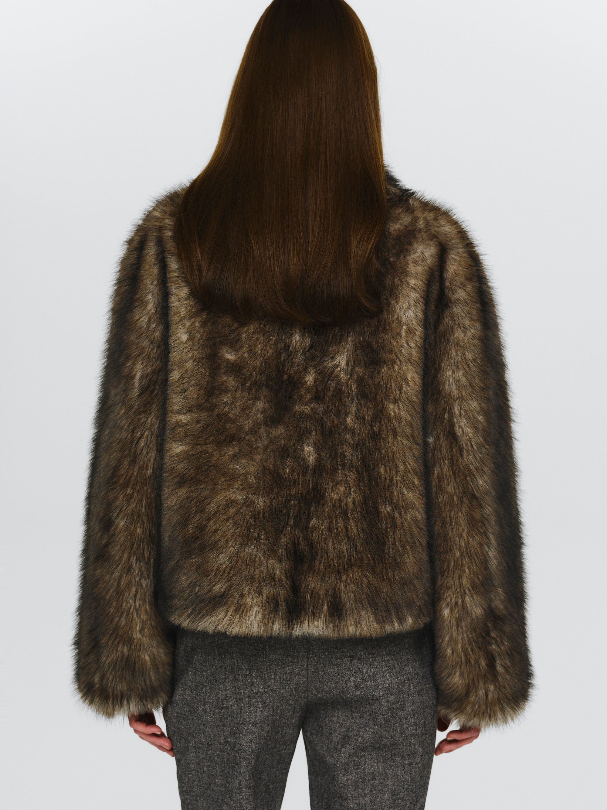 Funnel-Neck Faux-Fur Jacket, Khaki