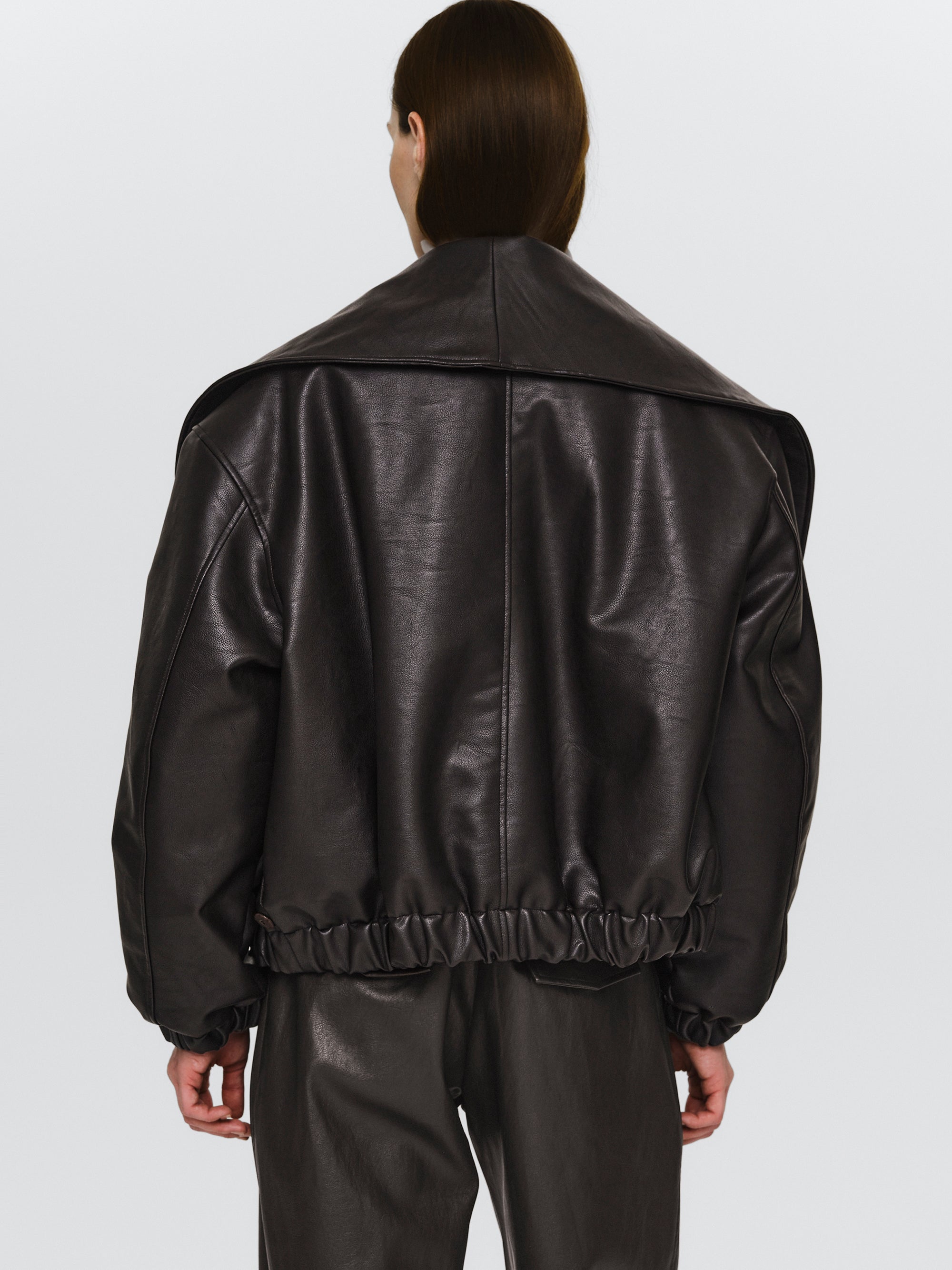 Opera Collar Faux-Leather Bomber Jacket, Dark Brown