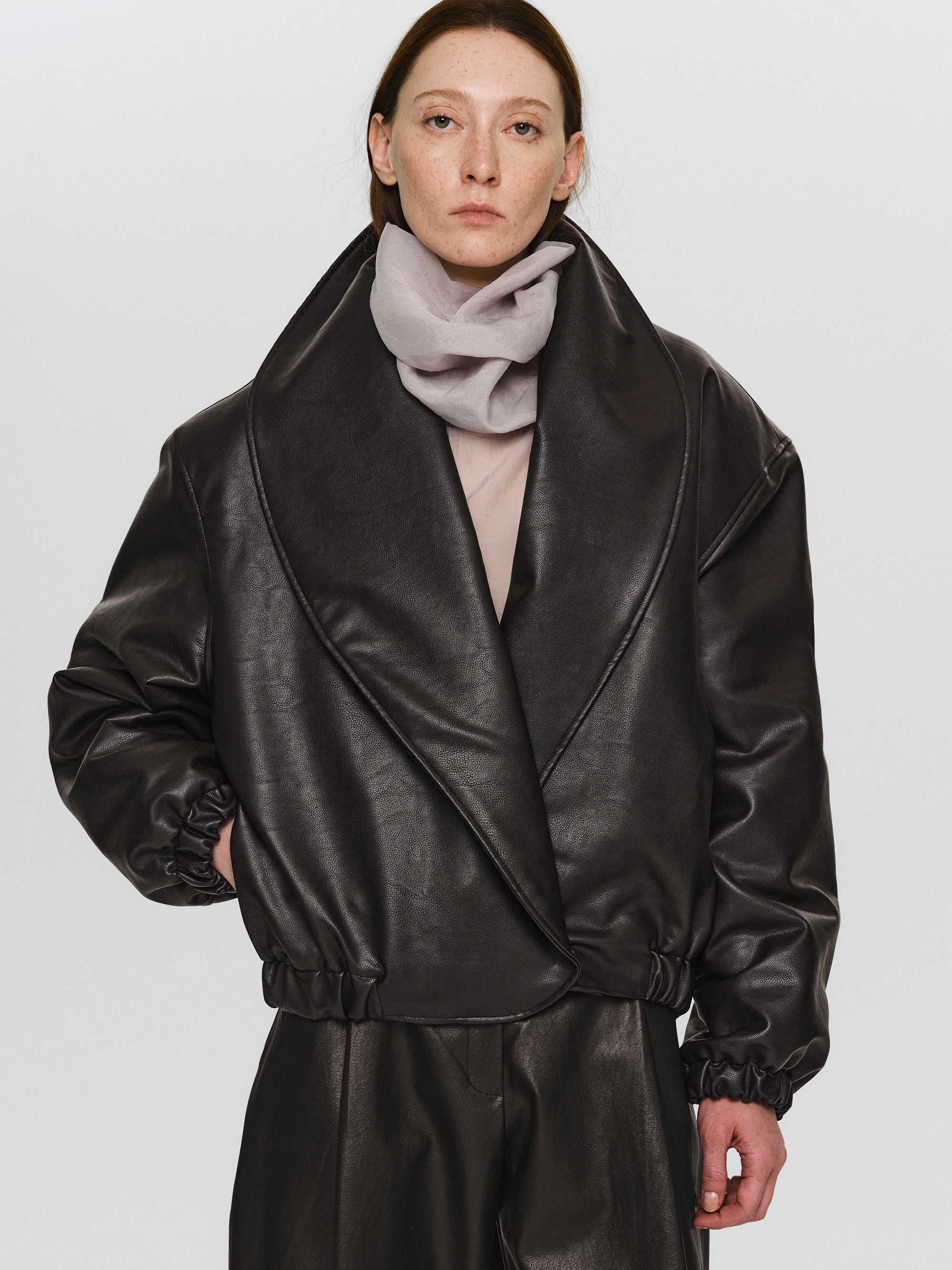 Opera Collar Faux-Leather Bomber Jacket, Dark Brown